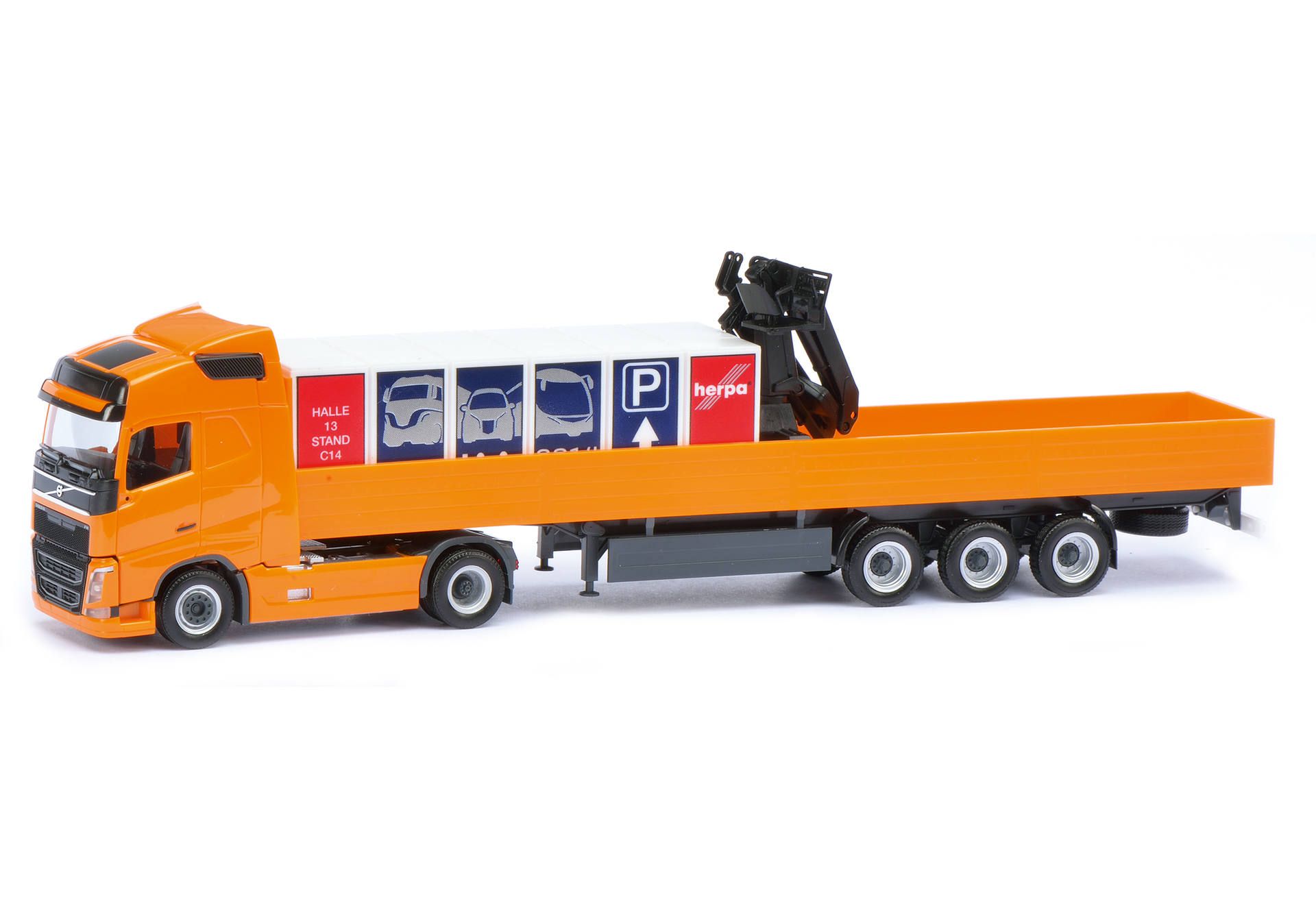 Herpa Volvo Fh Gl Flatbed Truck With Crane And Delta Block Elements