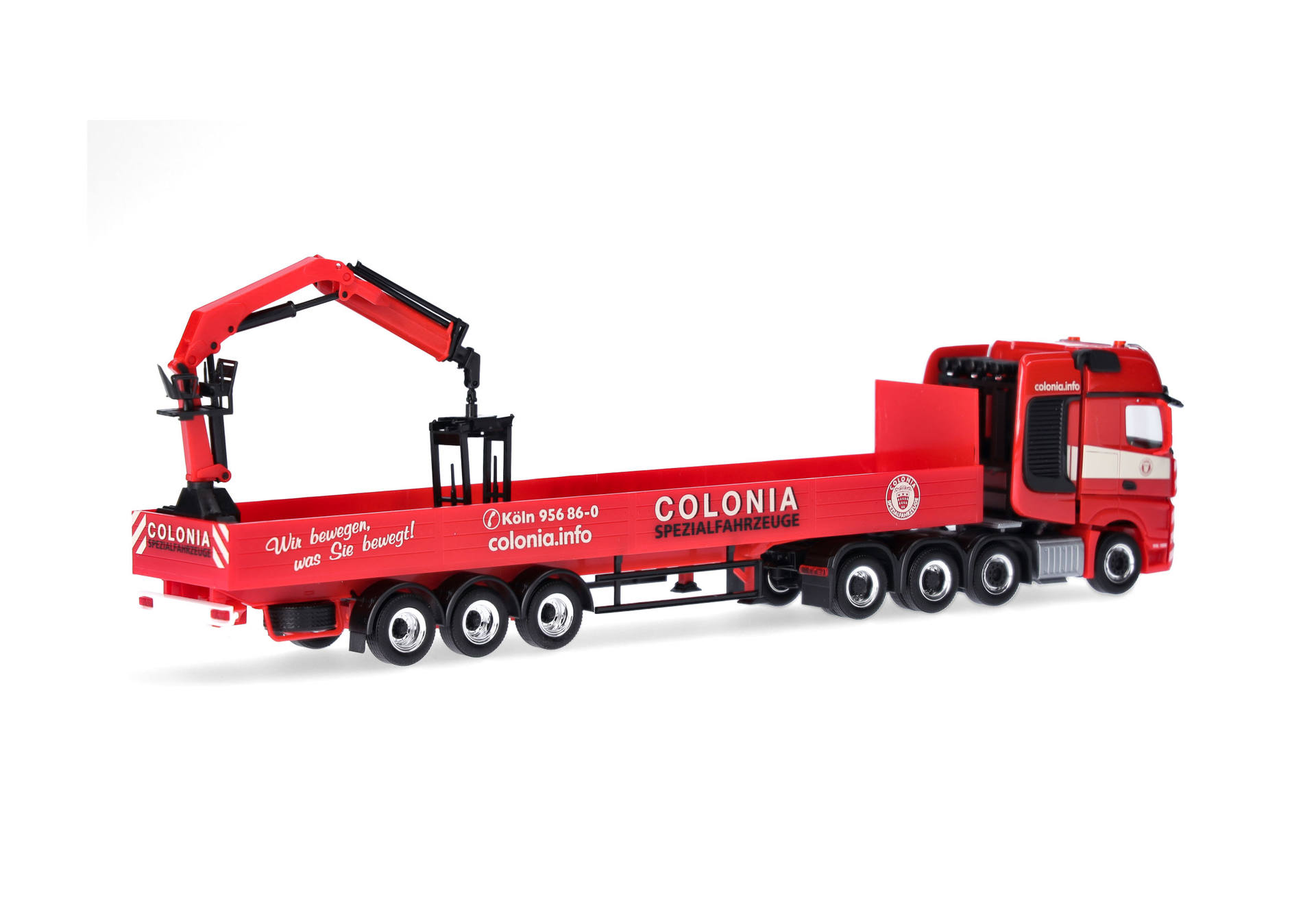 Mercedes-Benz Actros L Gigaspace heavy duty tractor with planked bed trailer with crane "Colonia"