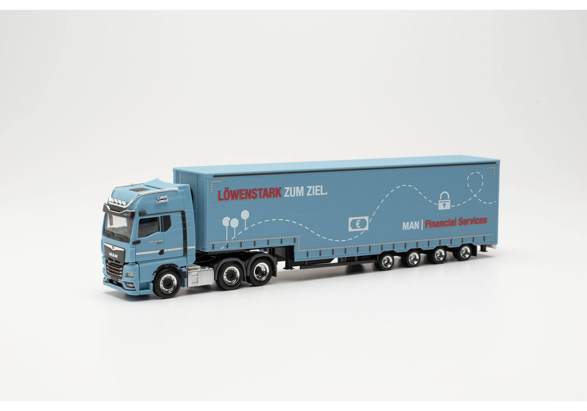 MAN TGX GX with Optiview and Meusburger semitrailer truck "MAN Financial Service"