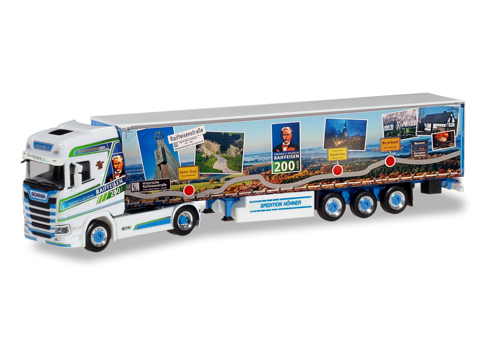 Scania CS 20 high roof curtain canvas semitrailer "Höhner / Raiffeisenliner"