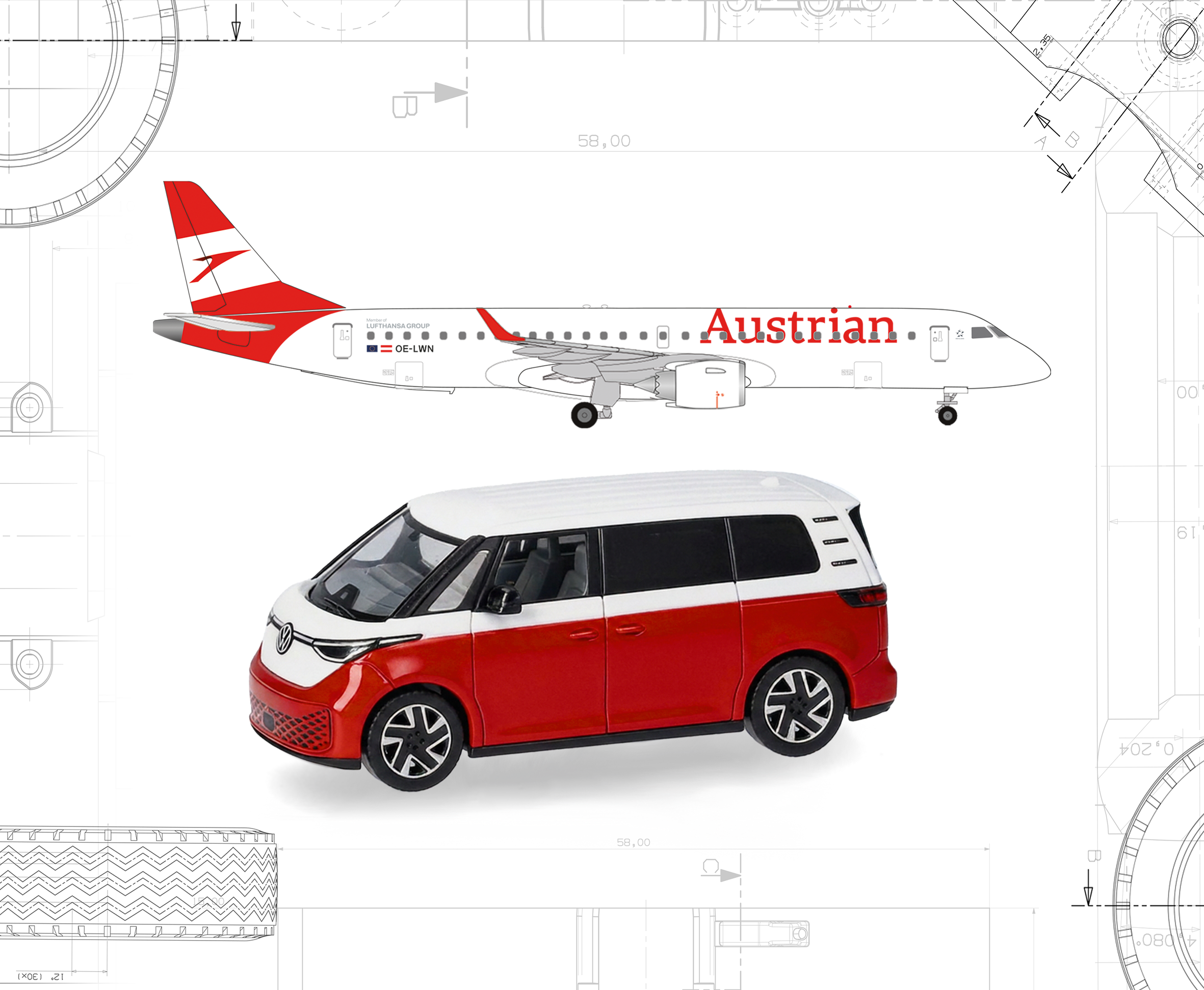airplane model, airliner, red/white livery, twin engine, passenger van model
