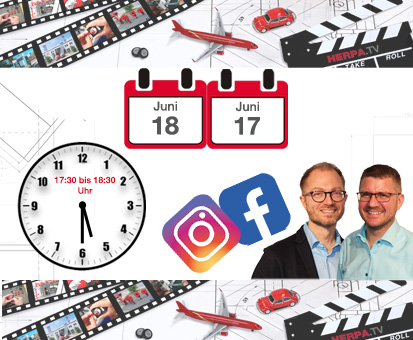 Herpa Livetreams mit Herpa Produktmanagern, Uhr mit Uhrzeiten, Datumslogos und Facebook sowie Instagram Logo