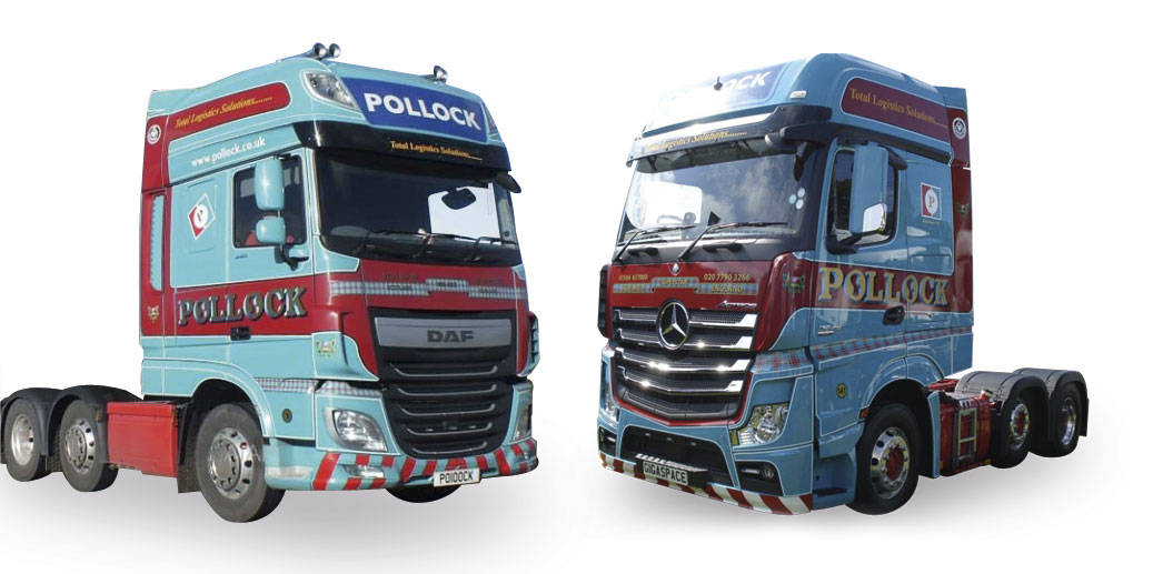 DAF XF 106 Gardinenplanen-Sattelzug und Mercedes-Benz Actros Gigaspace Zugmaschine "Pollock"