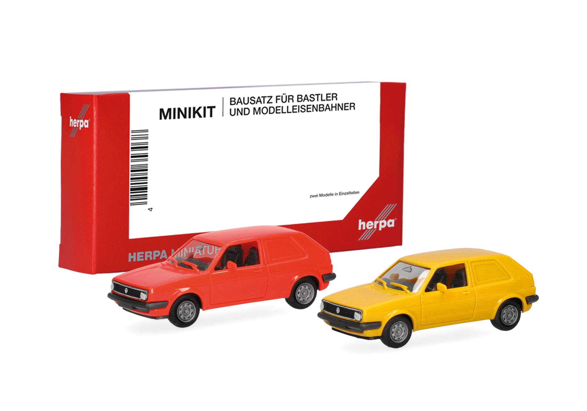 Herpa MiniKit: Volkswagen (VW) Golf II 2-türig, Kasten, leuchtrot und gelb (2 Stück)