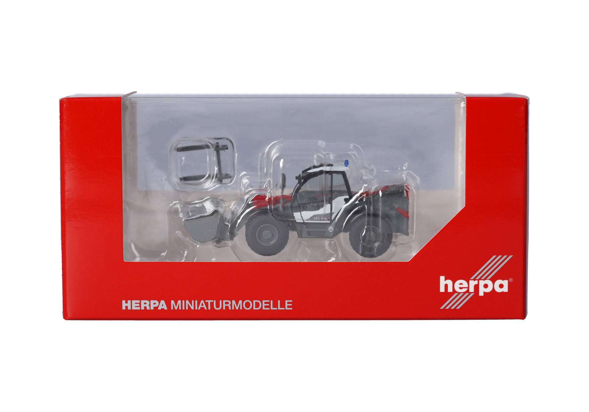 Traktor, Modell, Zinnfigur, rote Verpackung, Herpa Miniaturmodelle