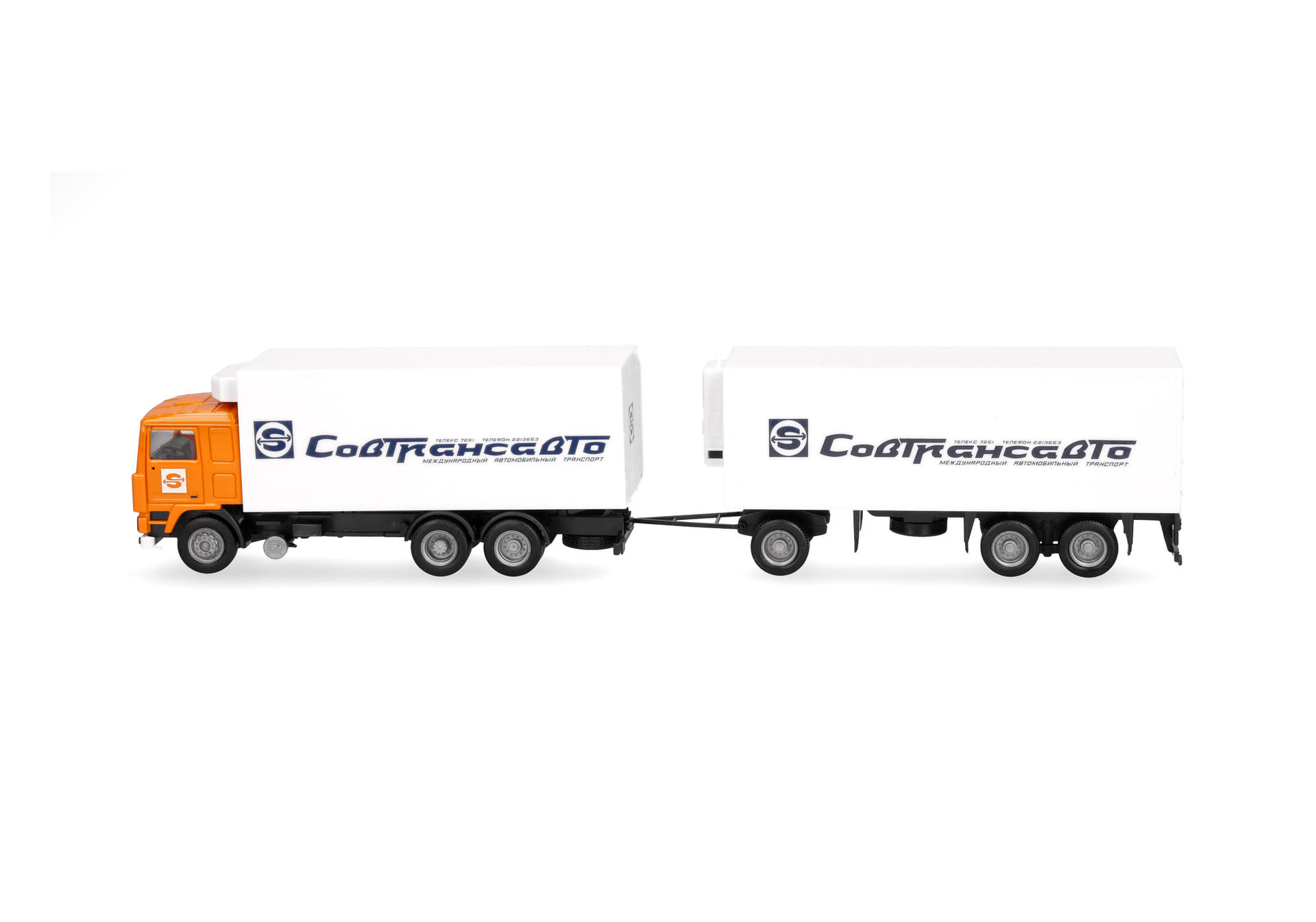 toy truck, modell truck, white trailer, orange cab, double trailer