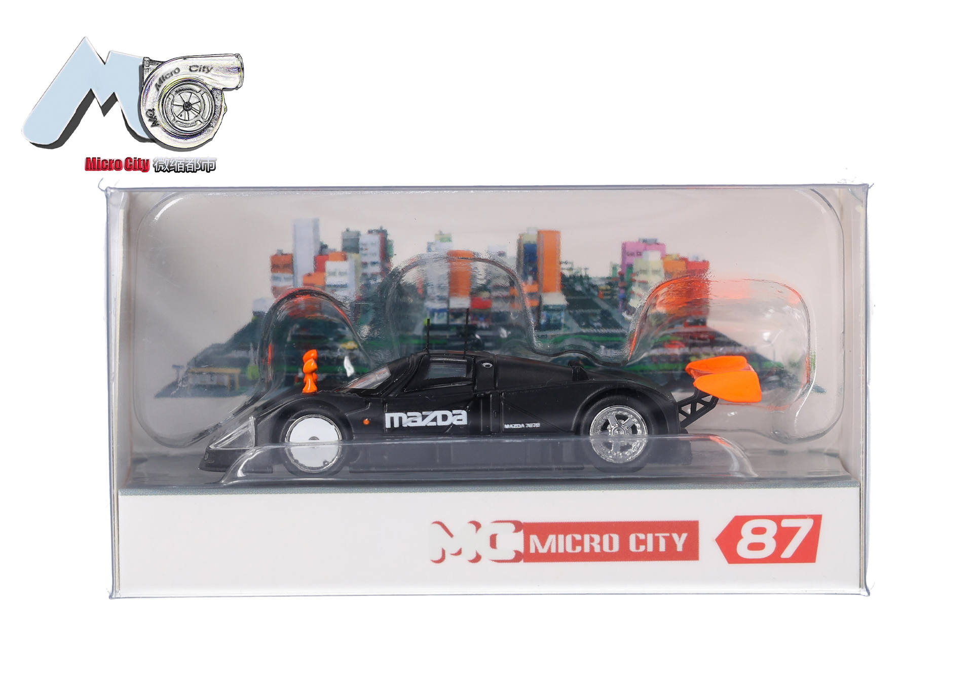 toy car, diecast, Mazda, black, orange spoiler