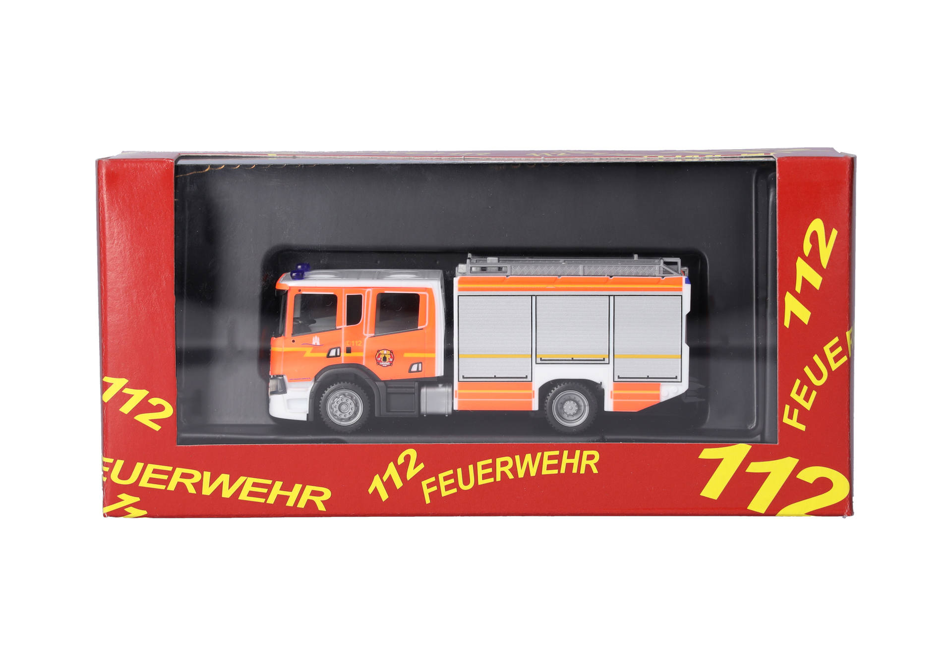fire truck, emergency vehicle, toy model, orange white, box packaging
