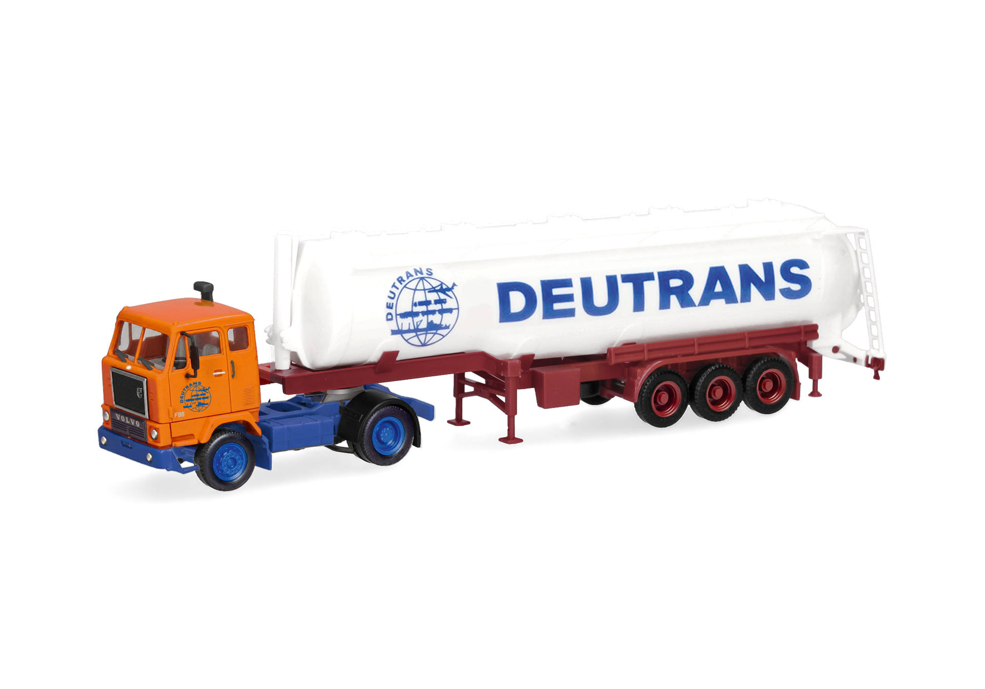 Spielzeugtruck, Tankauflieger, Orangene Kabine, Blaue Räder, Weißer Tank, Deutztrans