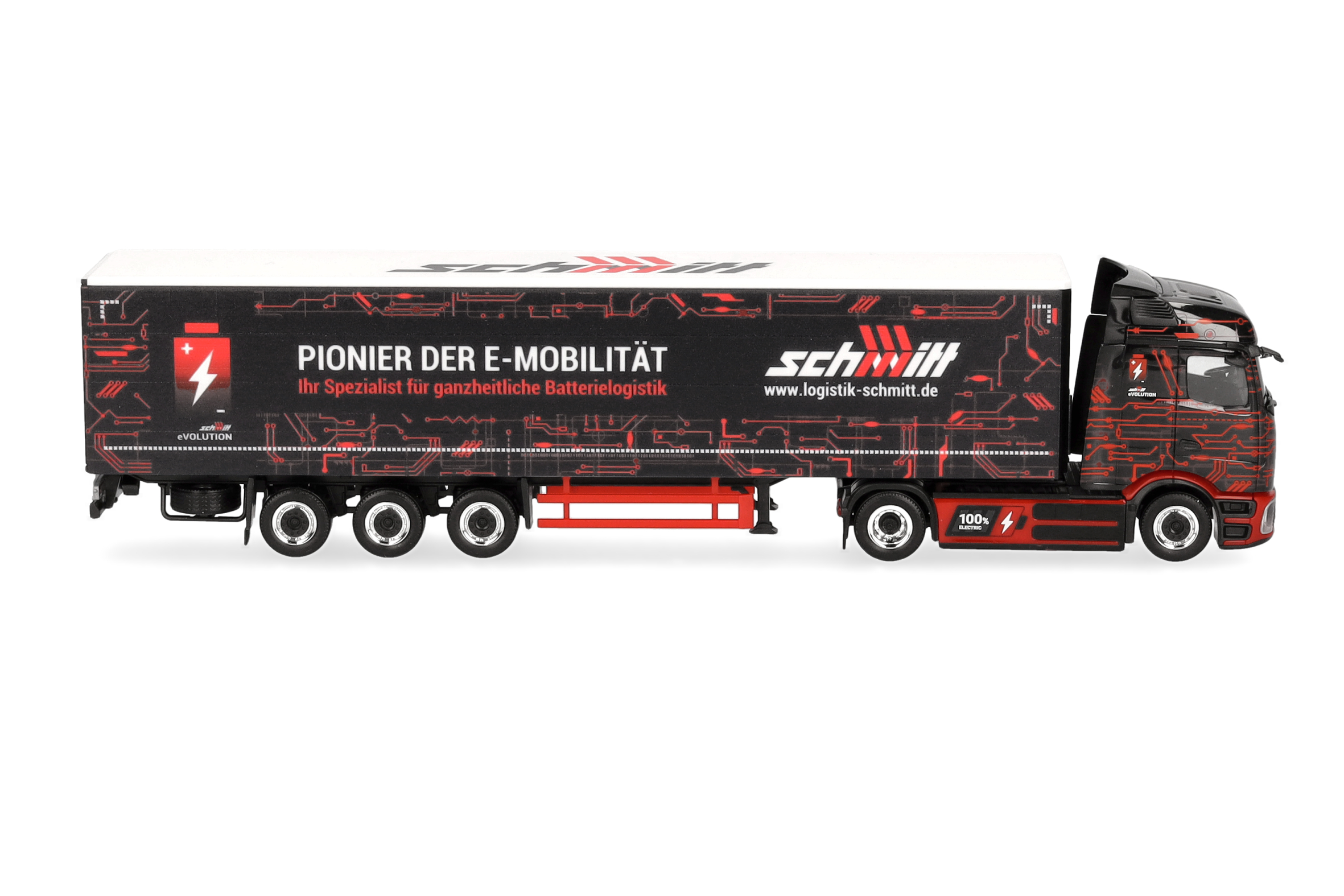 toy truck, semi trailer, trailer truck, red black, electronic pattern
