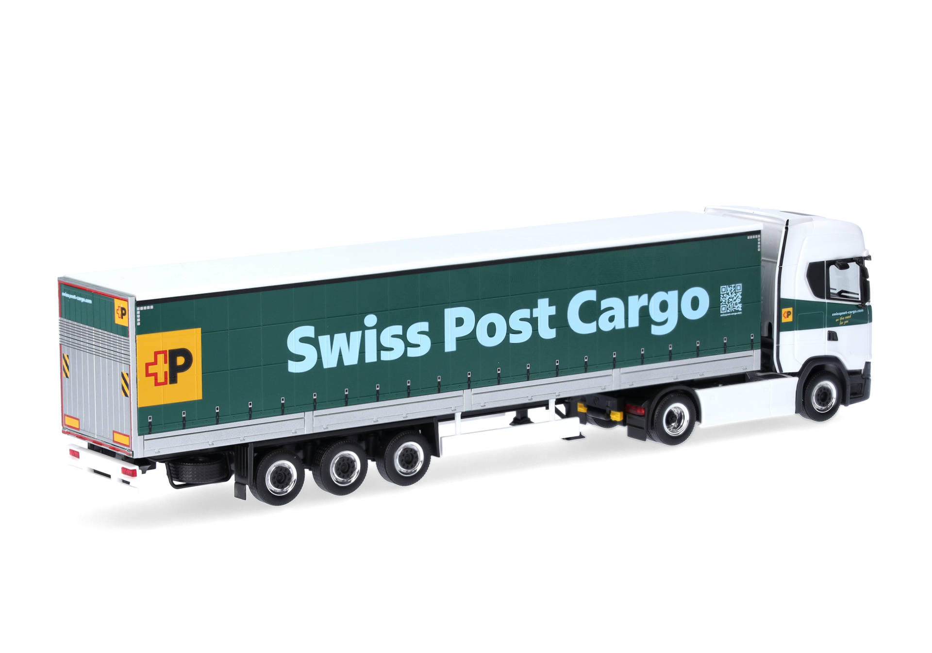 truck, semi-trailer, cargo truck, Swiss Post, green trailer