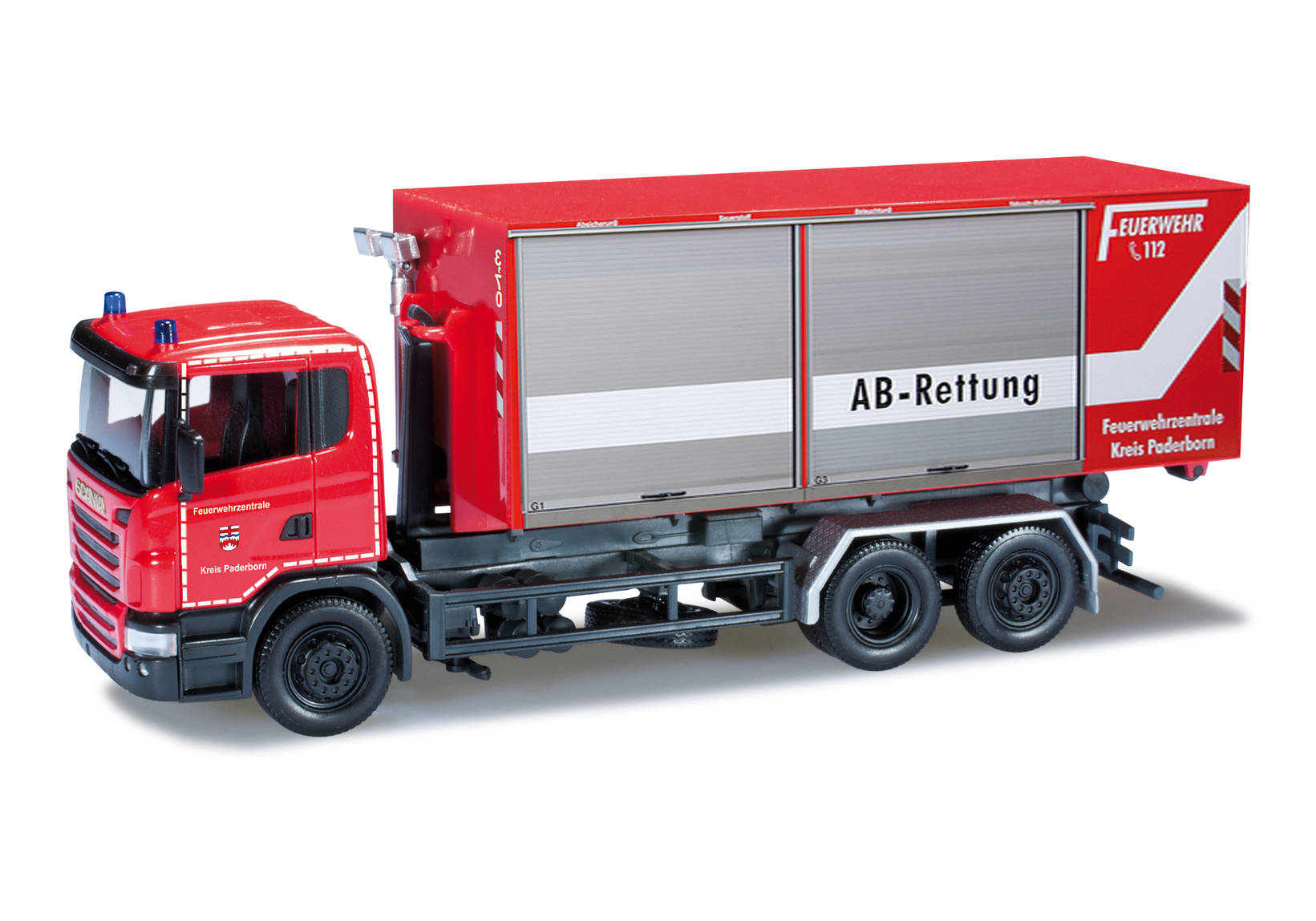 Scania R roll-off container truck "Paderborn fire department"