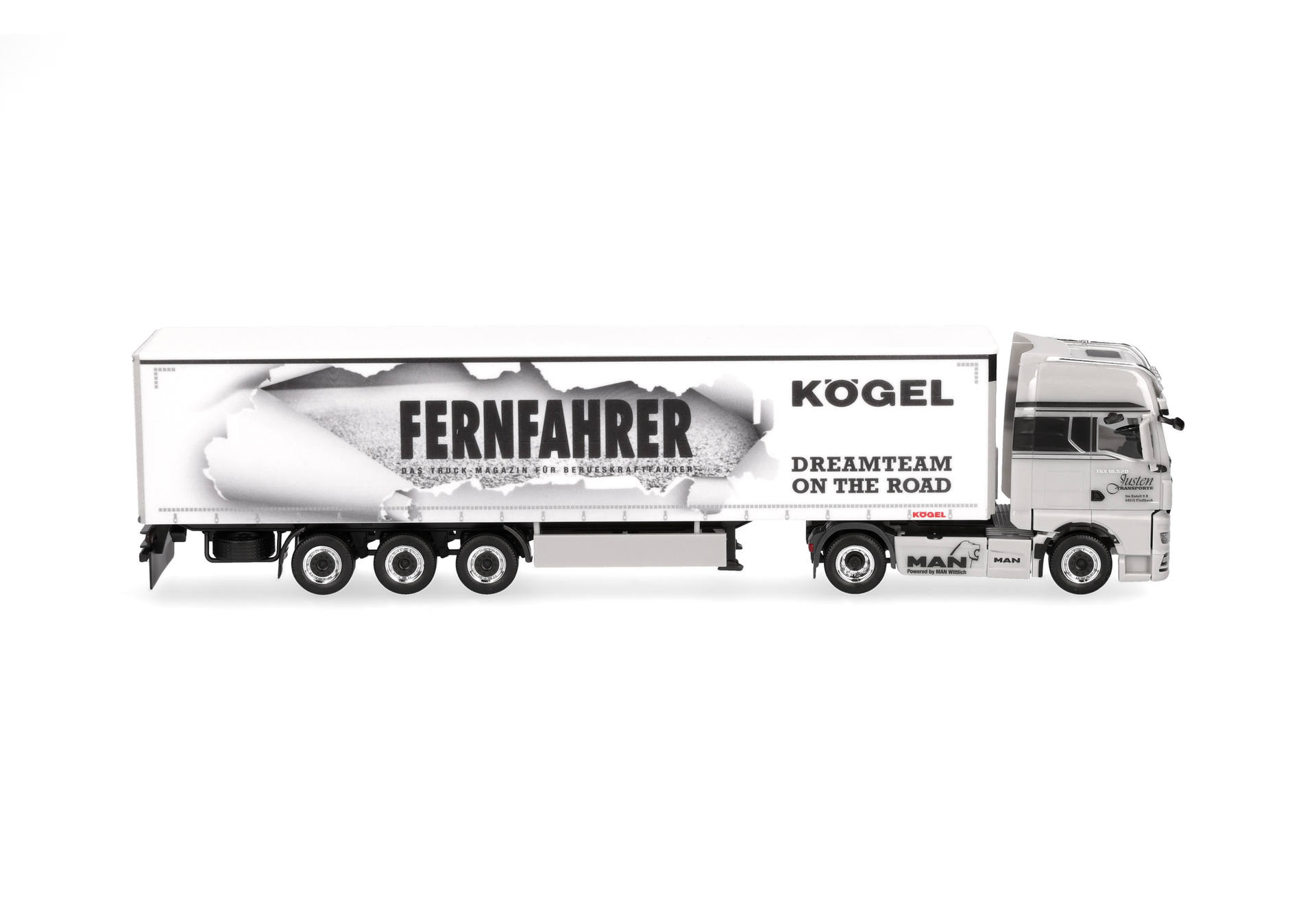LKW, Auflieger, Sattelzug, weißes Fahrzeug, Werbeaufbau