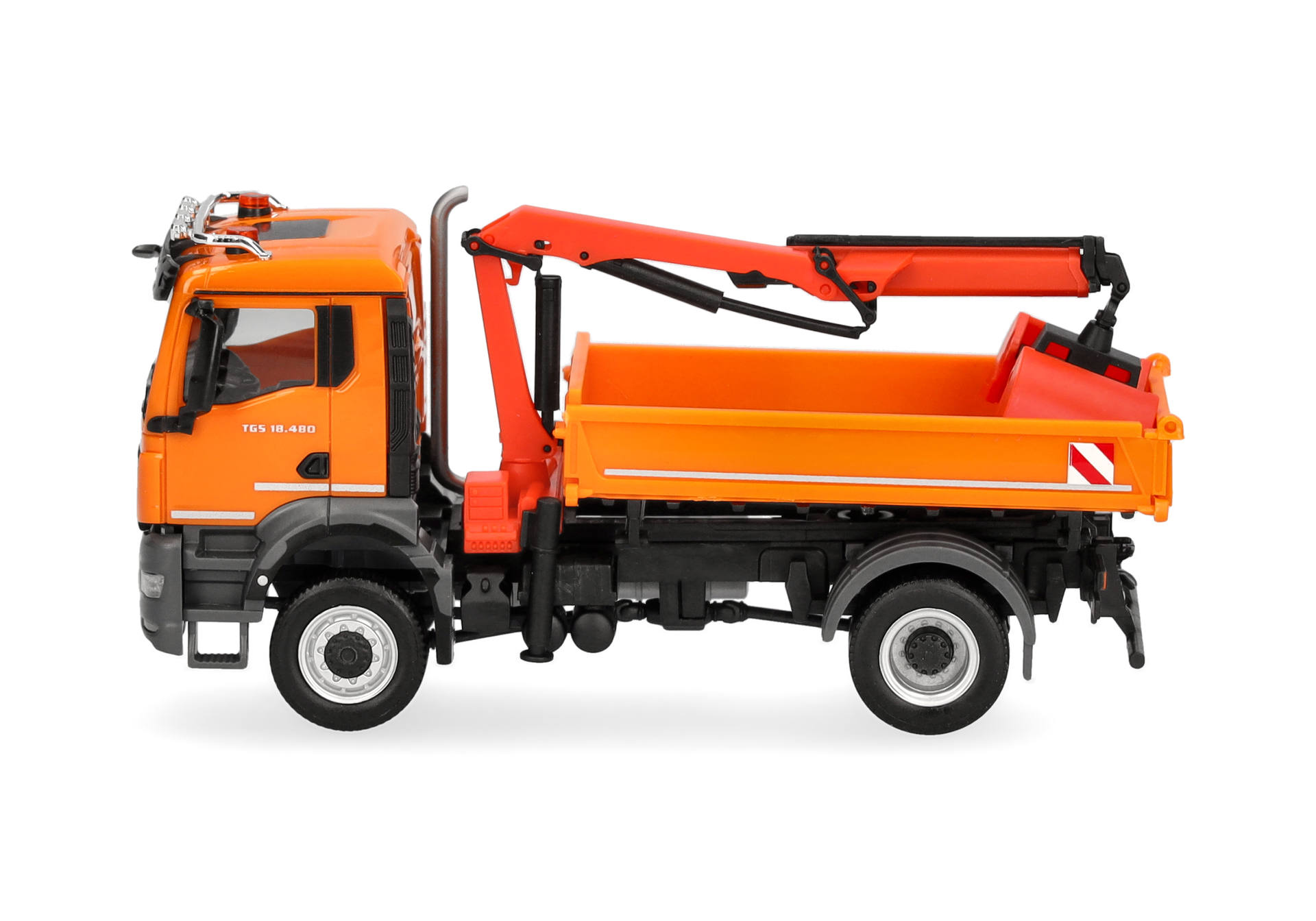 construction truck, orange truck, dump truck, crane arm, toy model