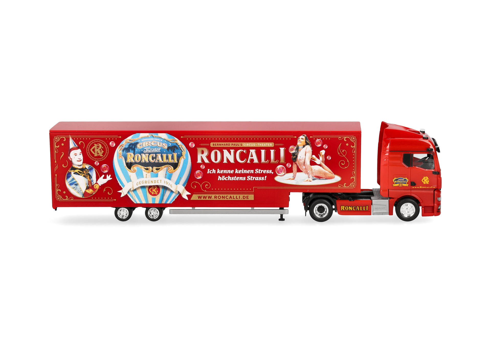 toy truck, red trailer, circus themed, Roncalli, graphic print