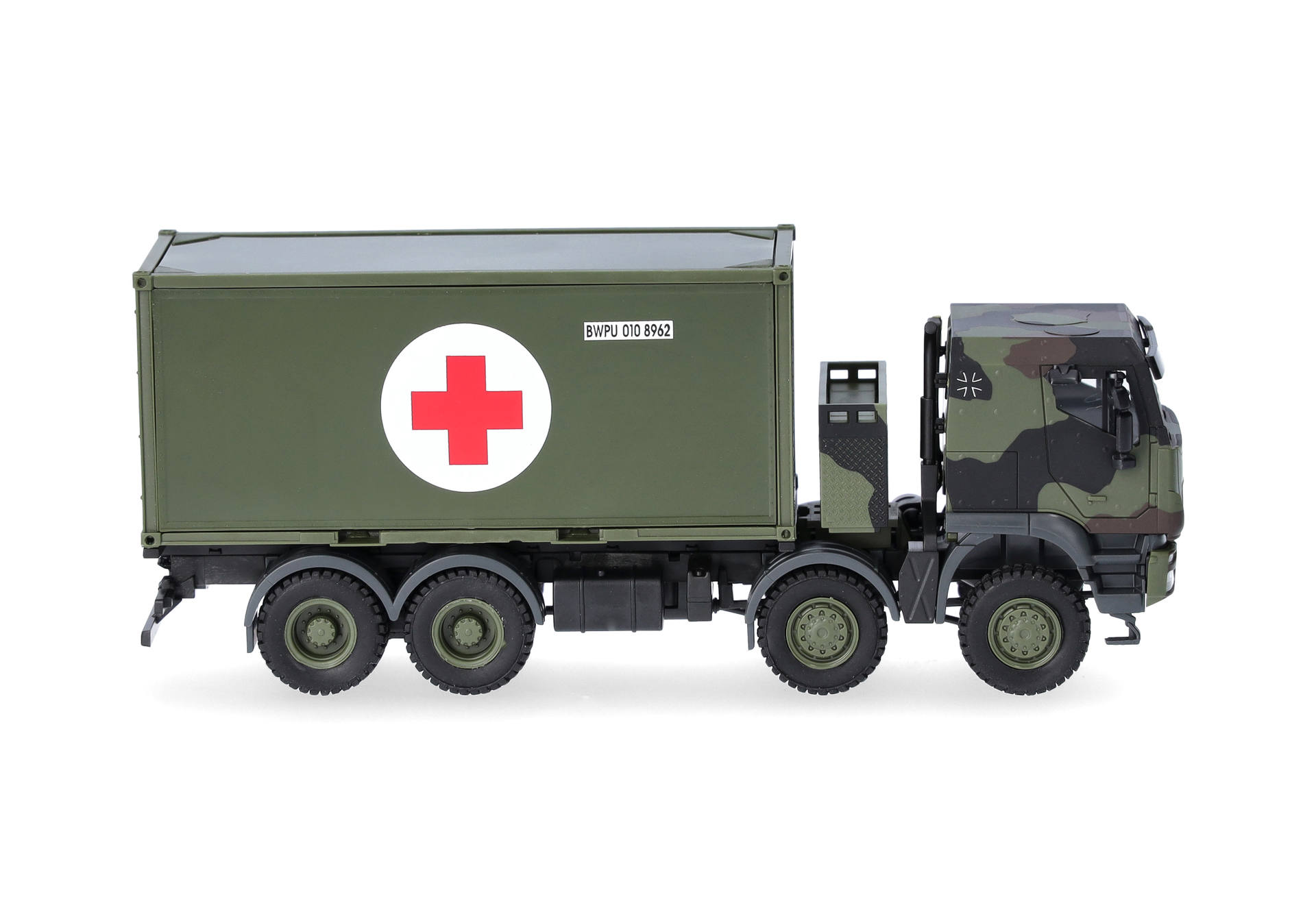 military truck, medical trailer, green camouflage, 8x6 truck, red cross emblem