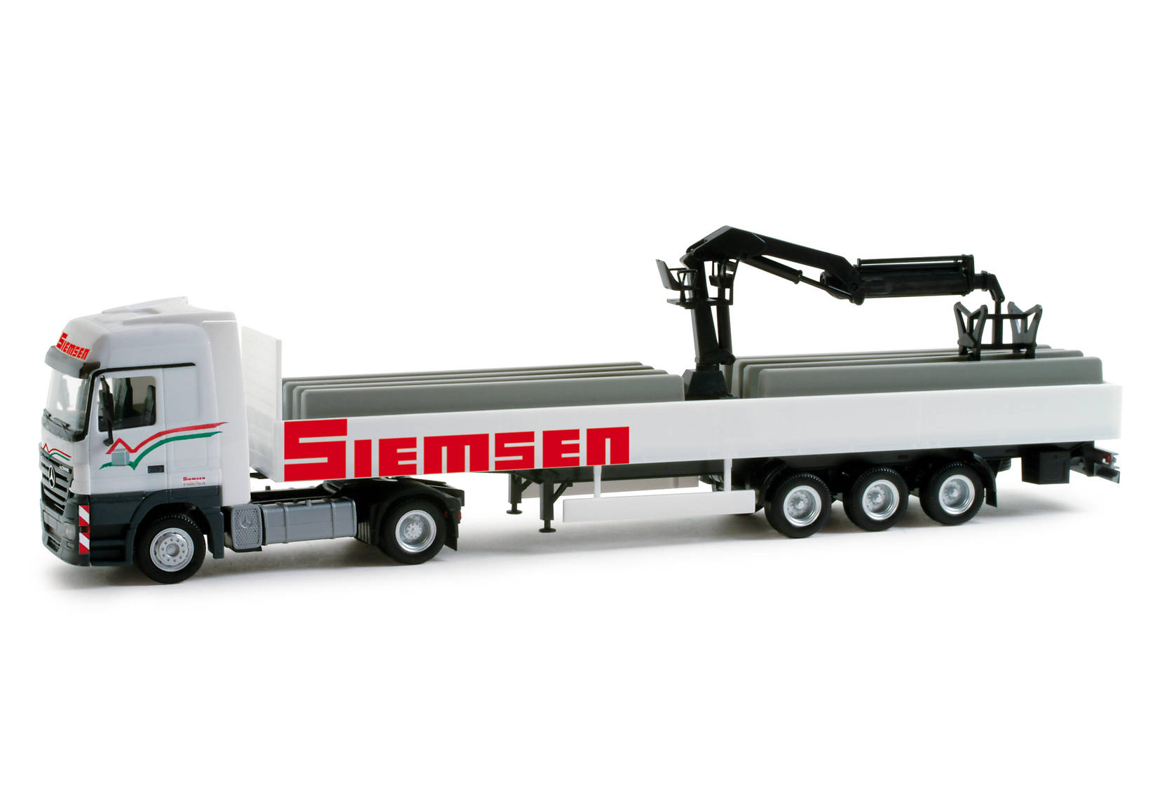 Mercedes-Benz Actros LH 02 Pritschen-Sattelzug mit Ladekran und Ladegut "Siemsen"