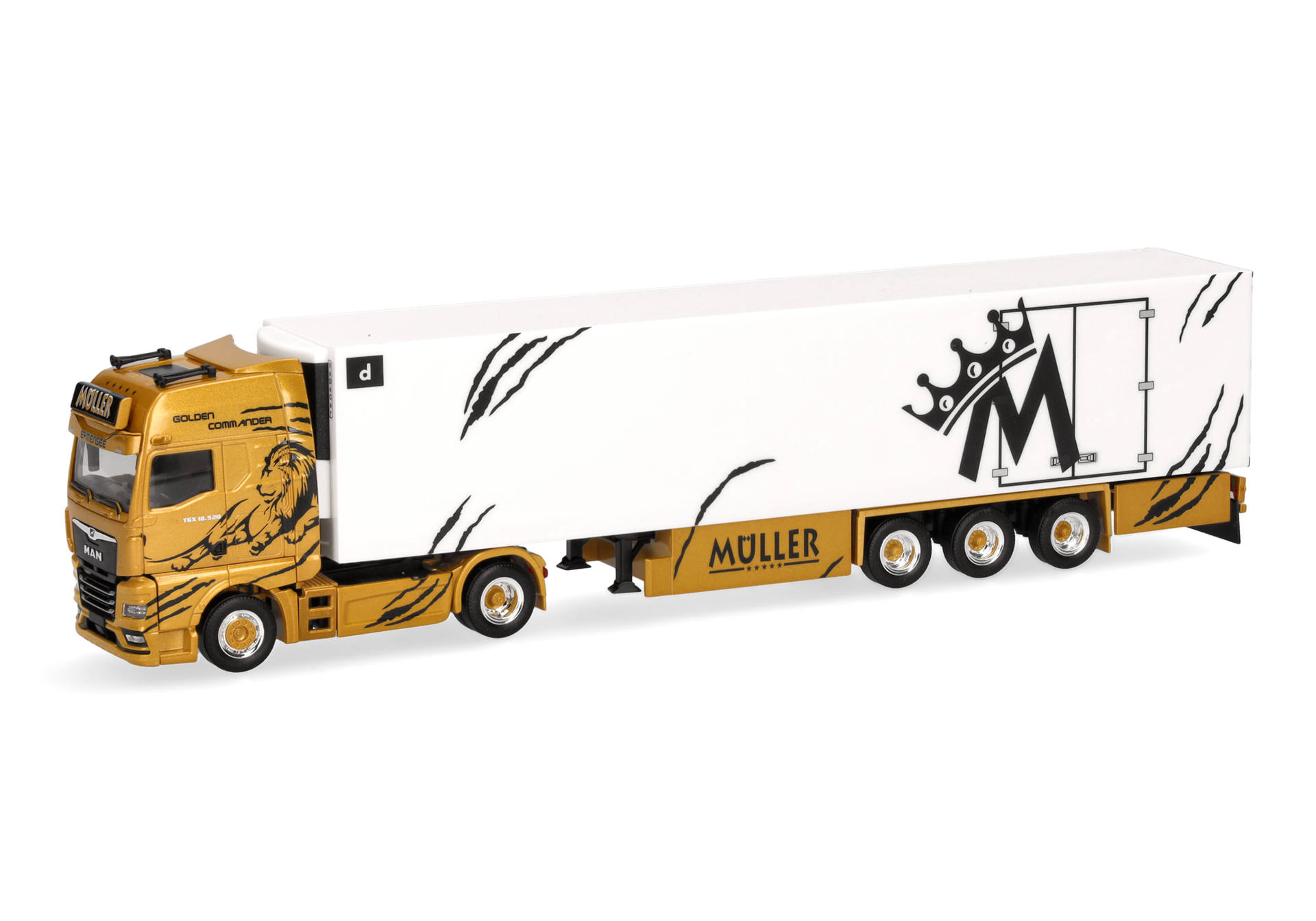 MAN TGX GX refrigerated box semitrailer, gold "Müller"