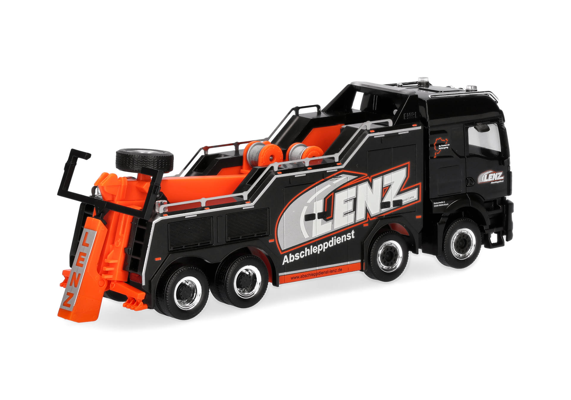 tow truck, diecast, truck, orange accents, toy vehicle