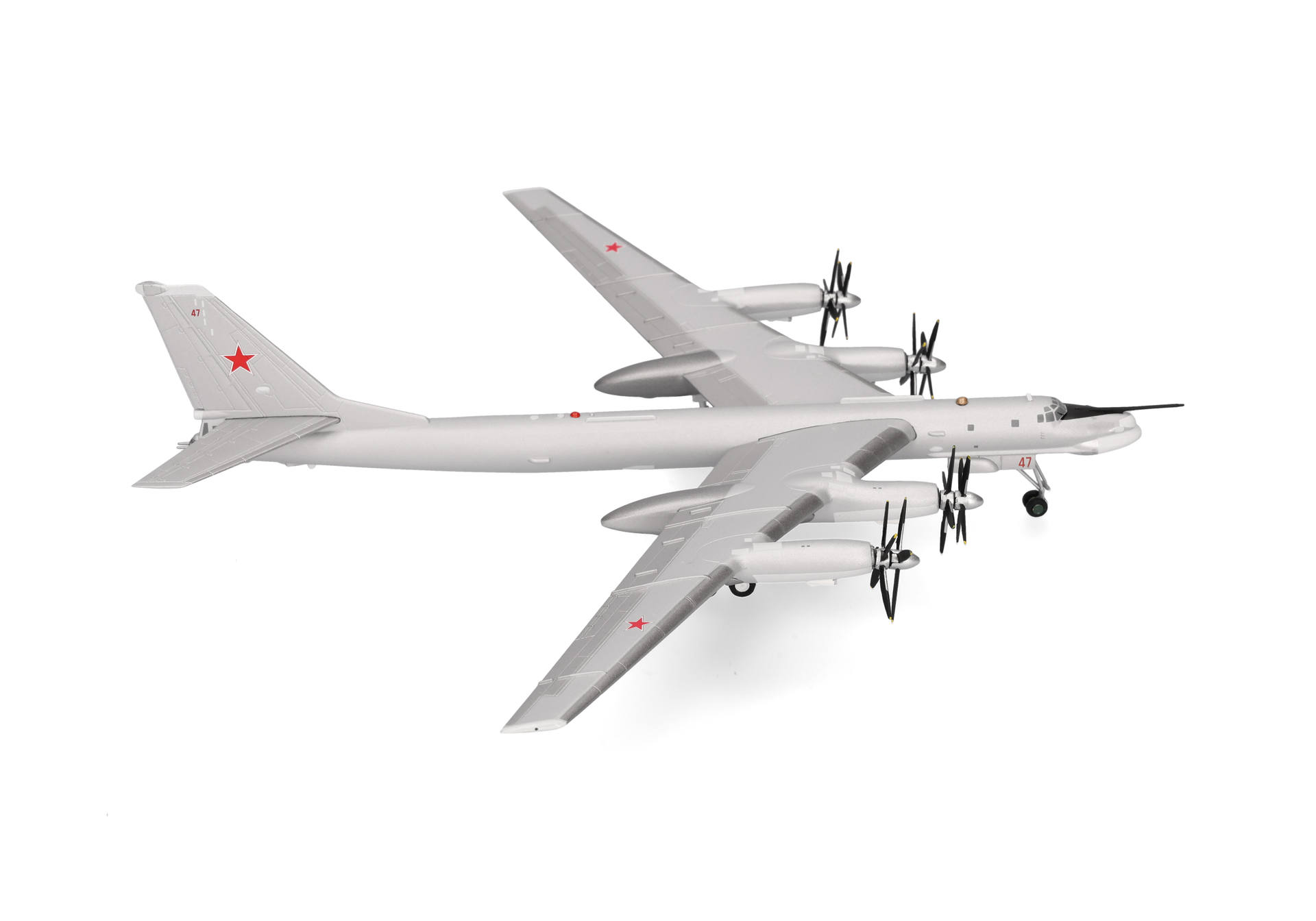 military plane, propeller aircraft, four-engine, gray, red star