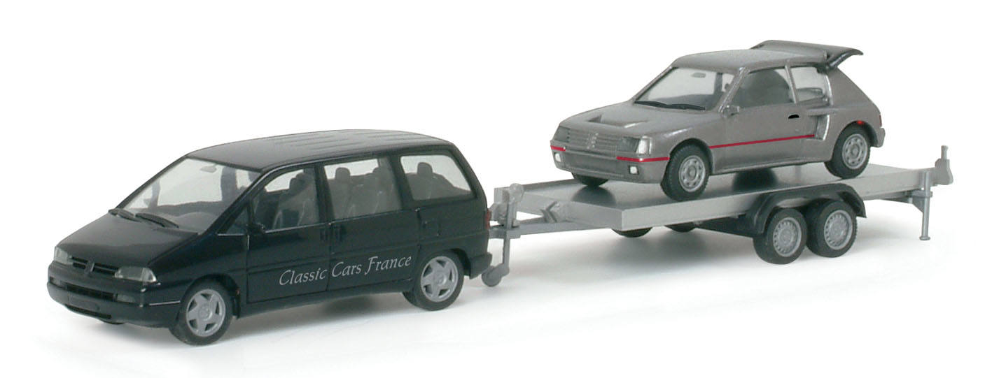 Peugeot 806 with car trailer and Peugeot 205 Turbo