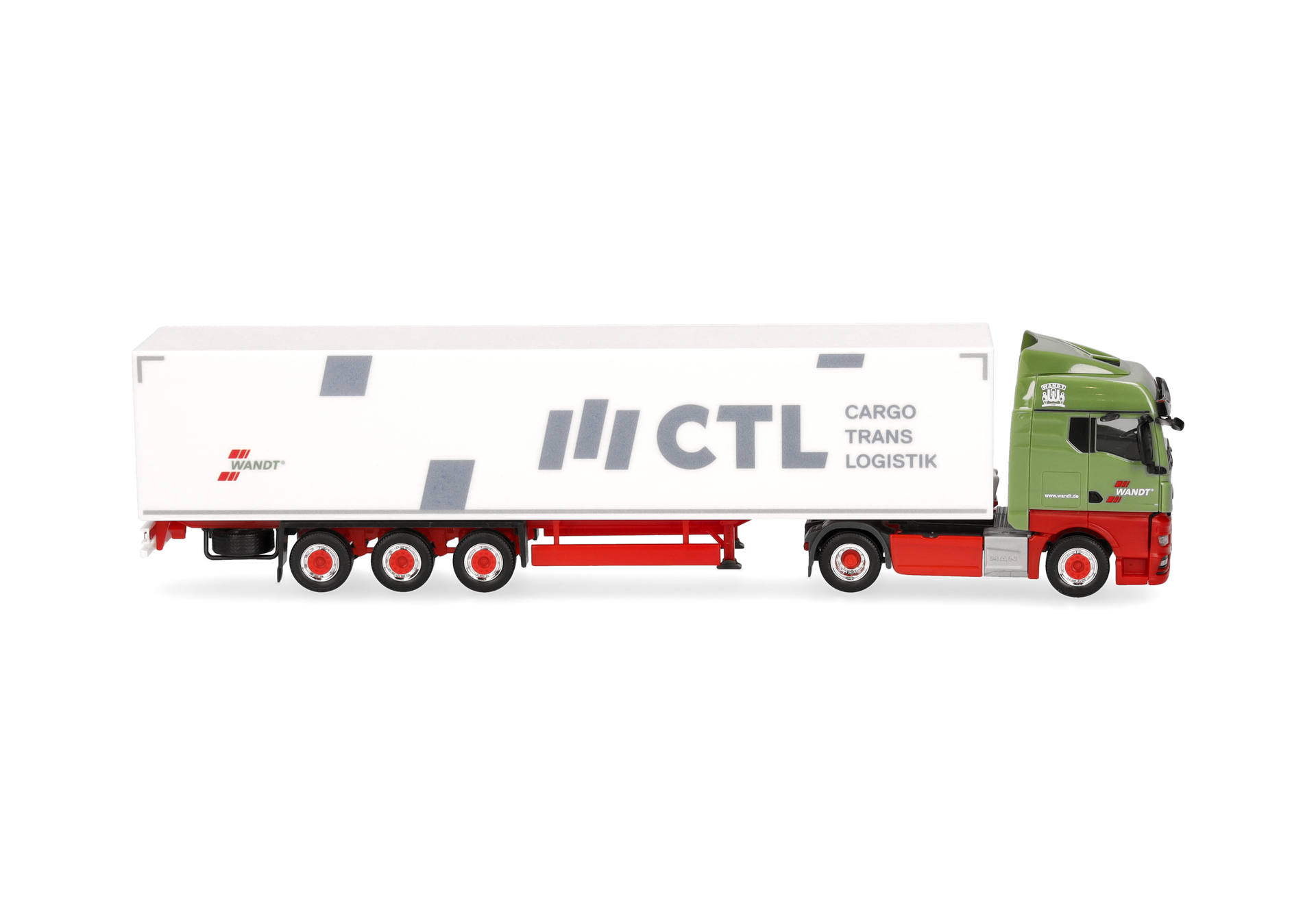 toy truck, semi trailer, cargo truck, green cab, white trailer
