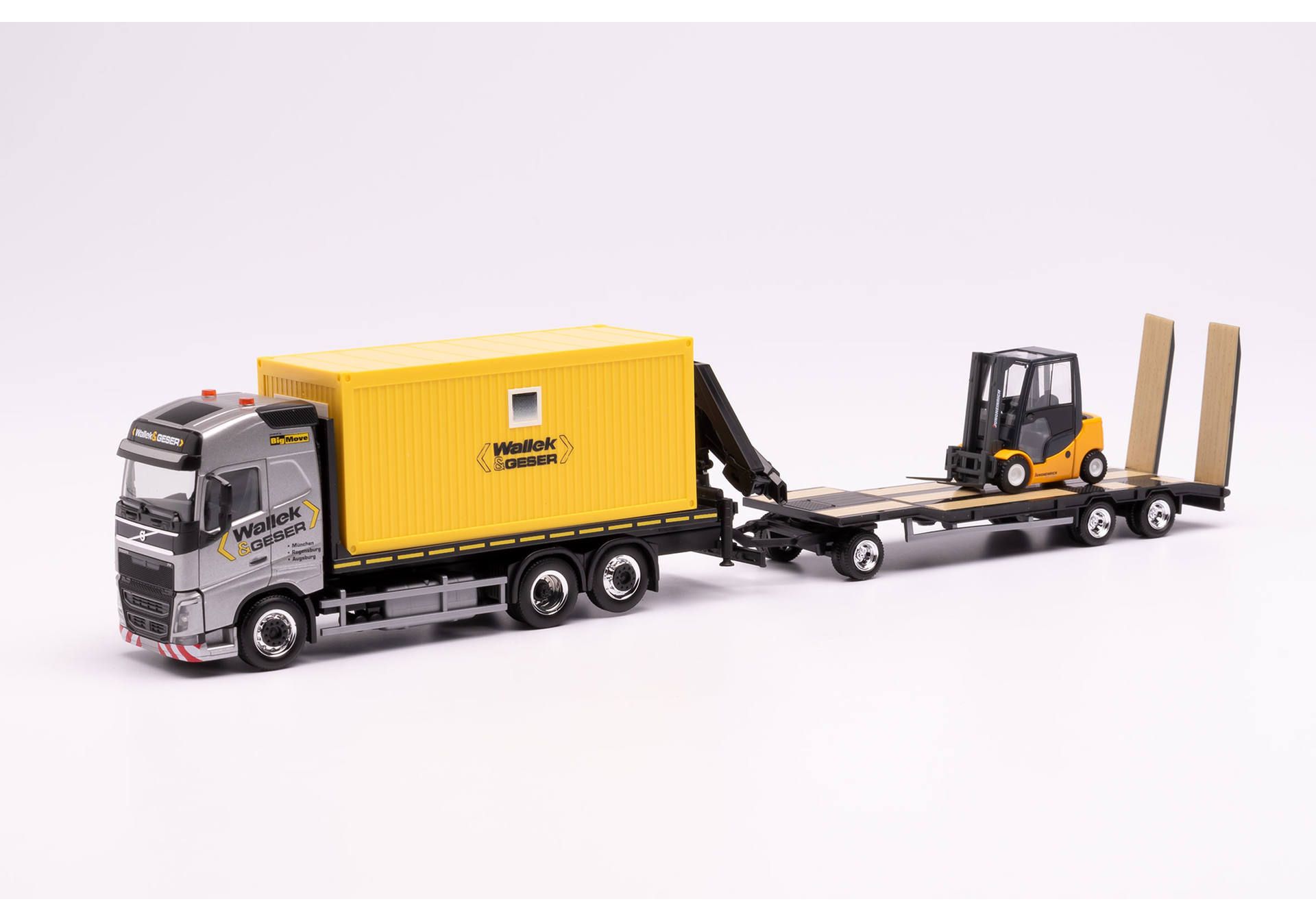 Volvo FH Gl. flat truck with container and crane and Goldhofer TU3 with fork lift „Wallek & Geser“