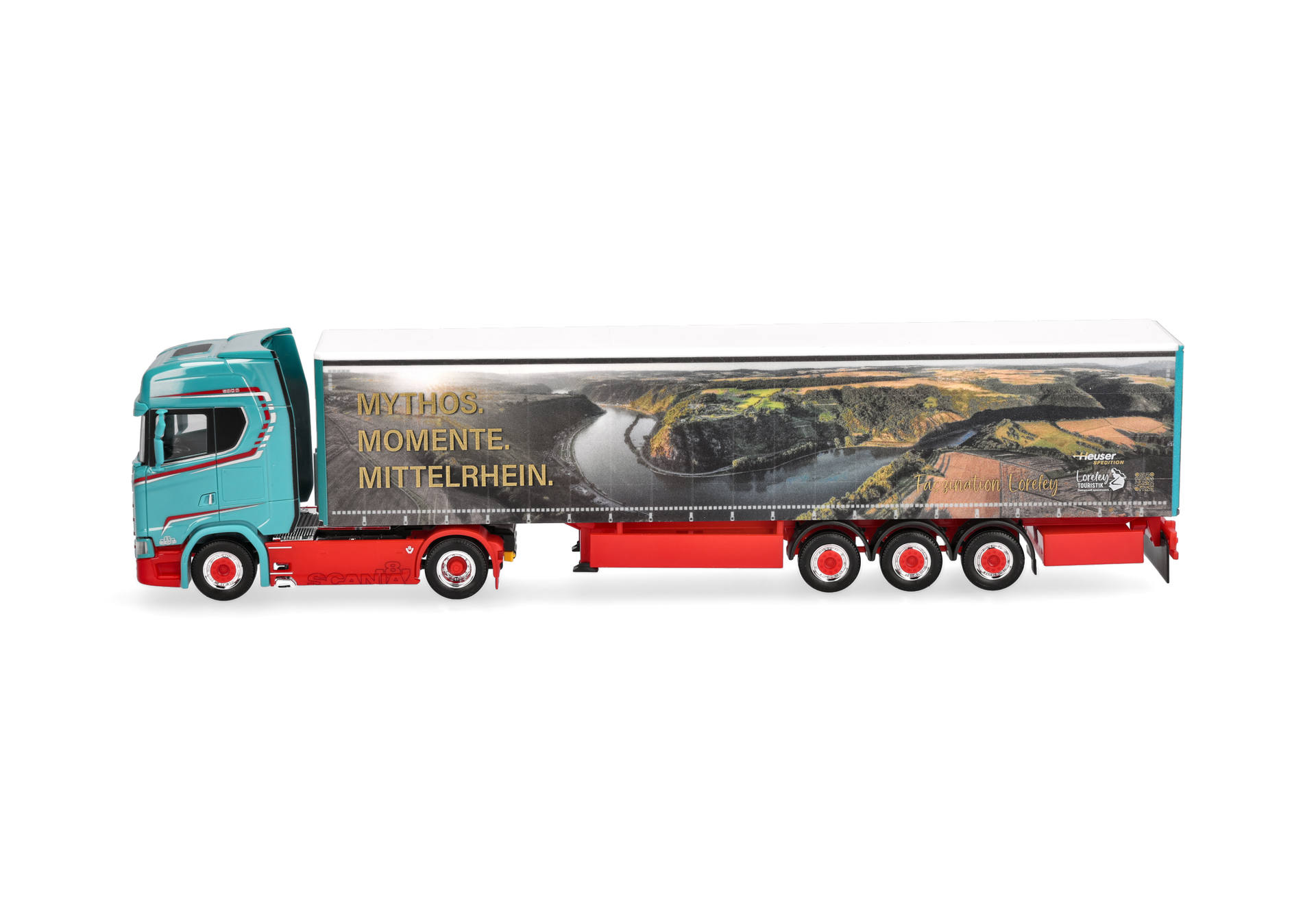 Scania CS 20 high roof curtain canvas semitrailer truck "Spedition Heuser / Faszination Loreley"