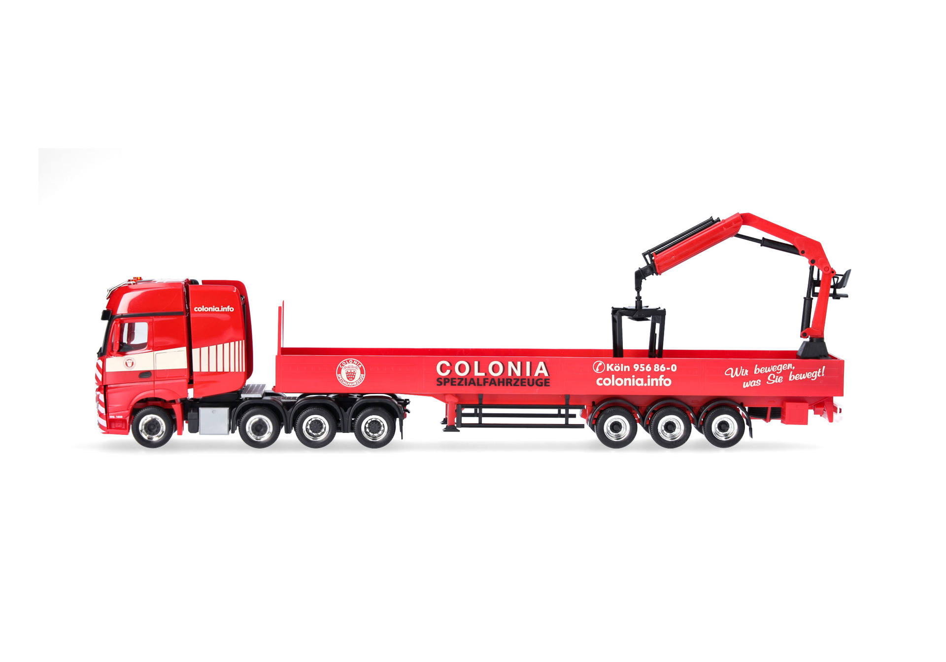 Mercedes-Benz Actros L Gigaspace heavy duty tractor with planked bed trailer with crane "Colonia"