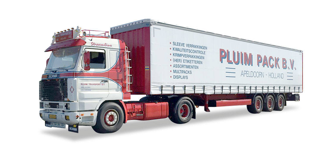Scania 143 SL curtain canvas semitrailer "Pluim Pack"