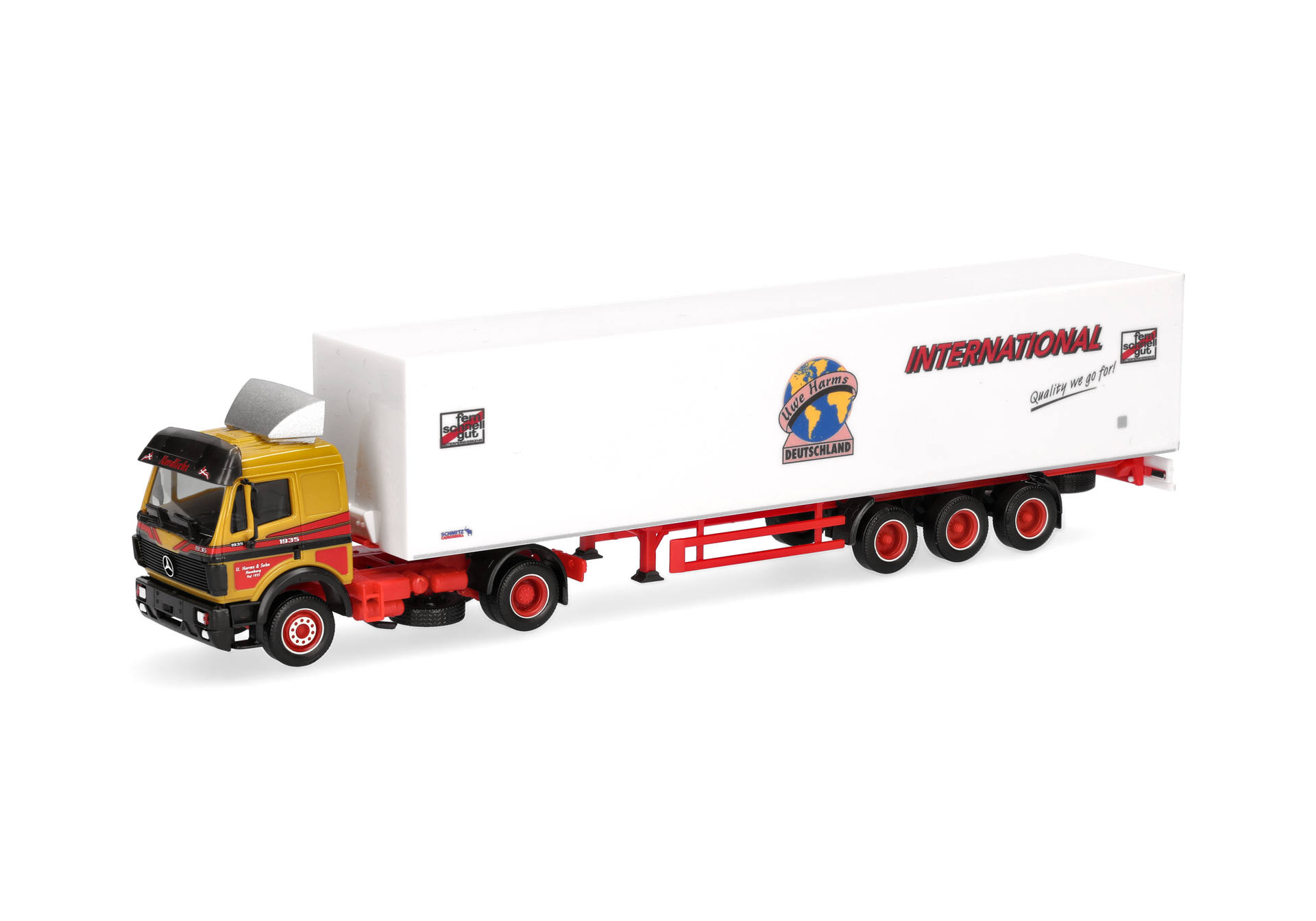 truck, semi-trailer, white trailer, red chassis, die-cast model