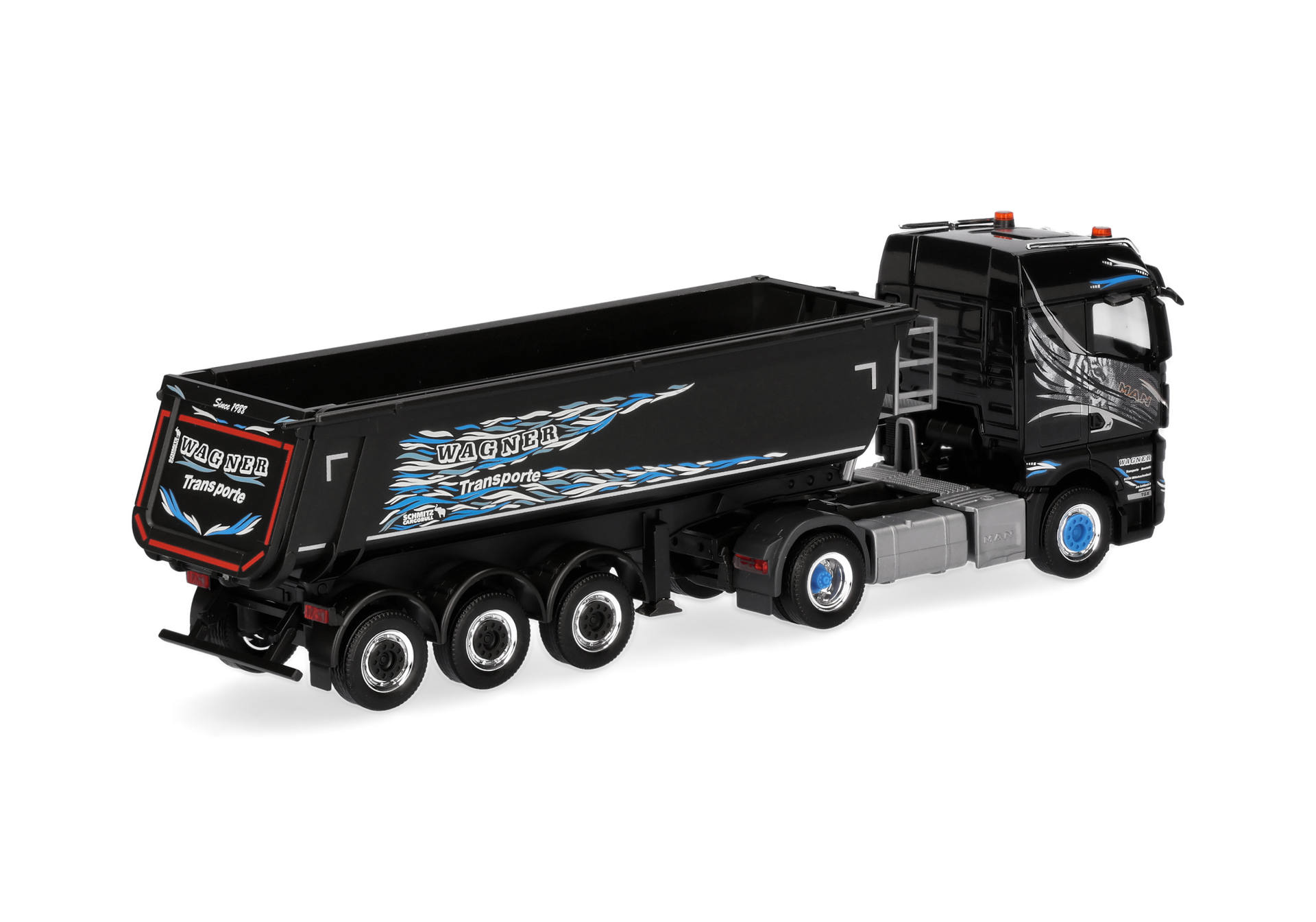 truck, dump truck, semi-trailer, model, blue accents