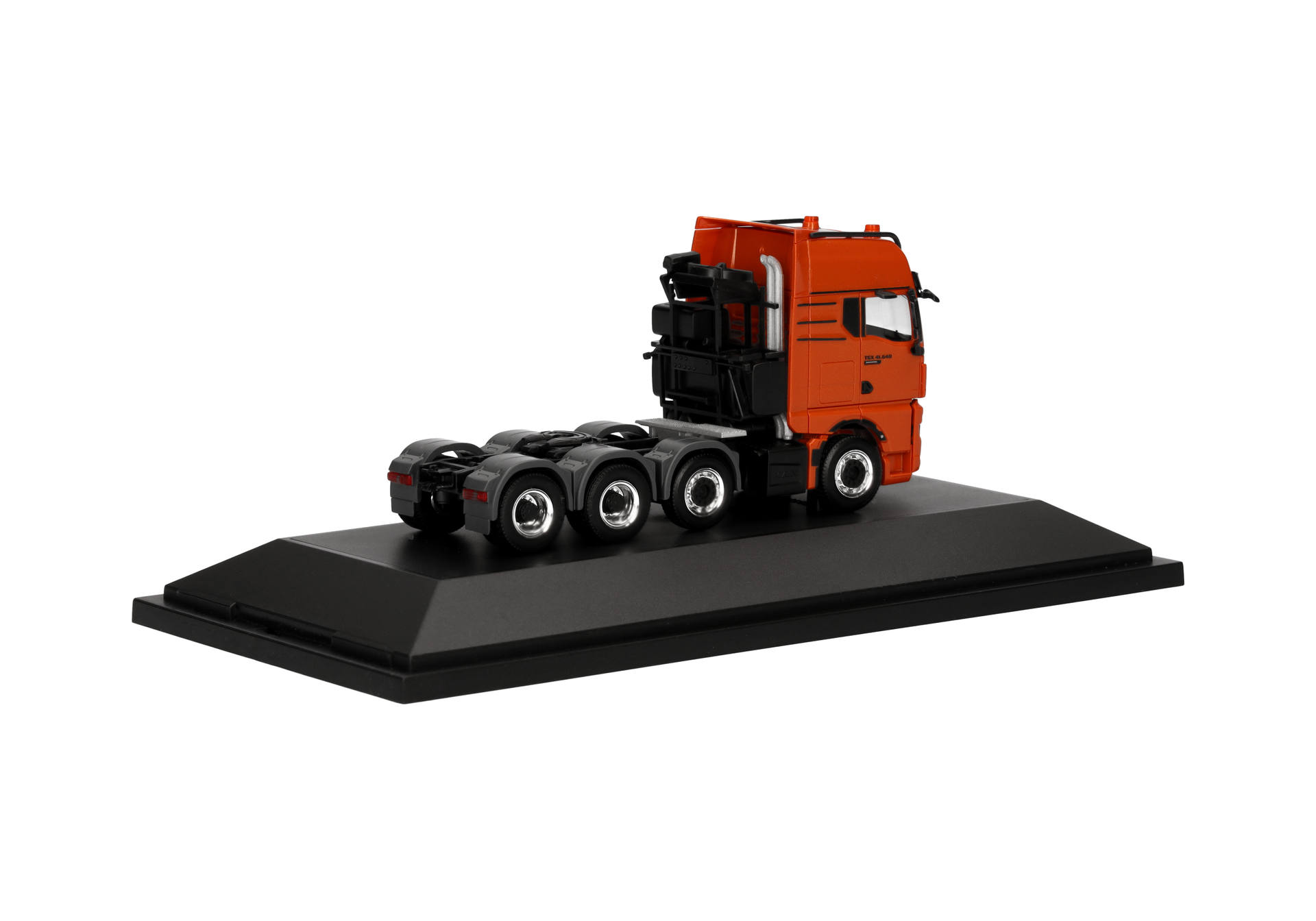 truck, tractor, model, orange, display stand, truck, tractor, orange, model, baseplate