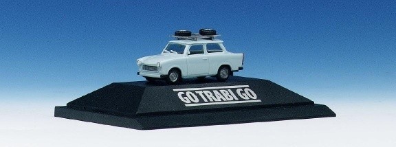 Trabant 601 S sedan with a roof rack equipped with 2 tires