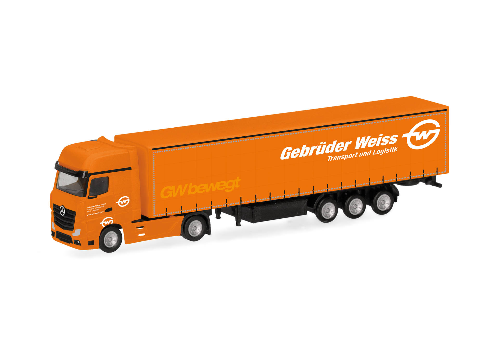 Mercedes-Benz Actros Gigaspace Gardinenplanen-Sattelzug "Gebrüder Weiss" (Spur N, Österreich), reinorange