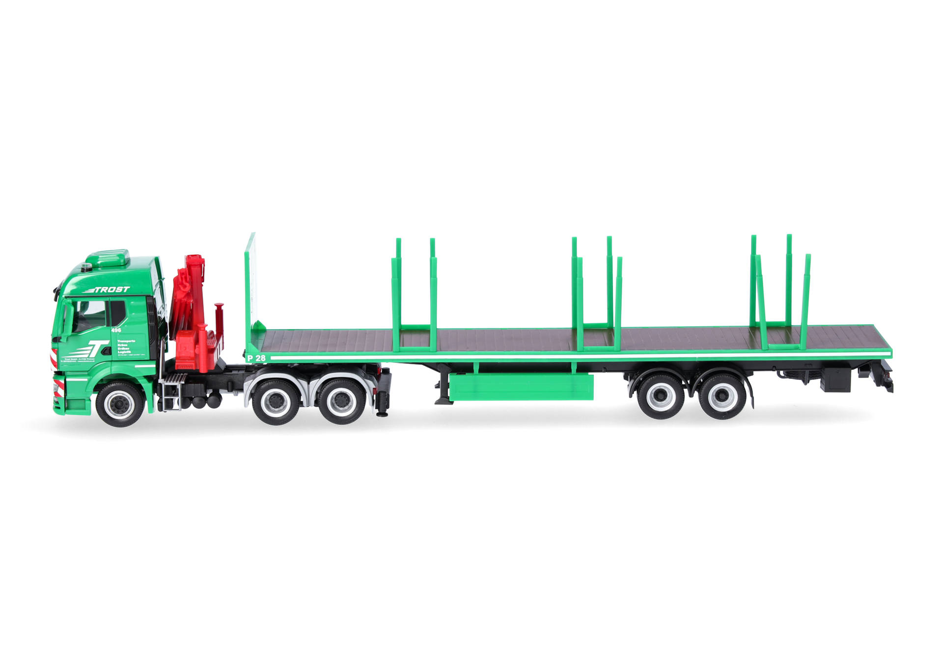 flatbed trailer, green truck, logistics trailer, carriage, model vehicle