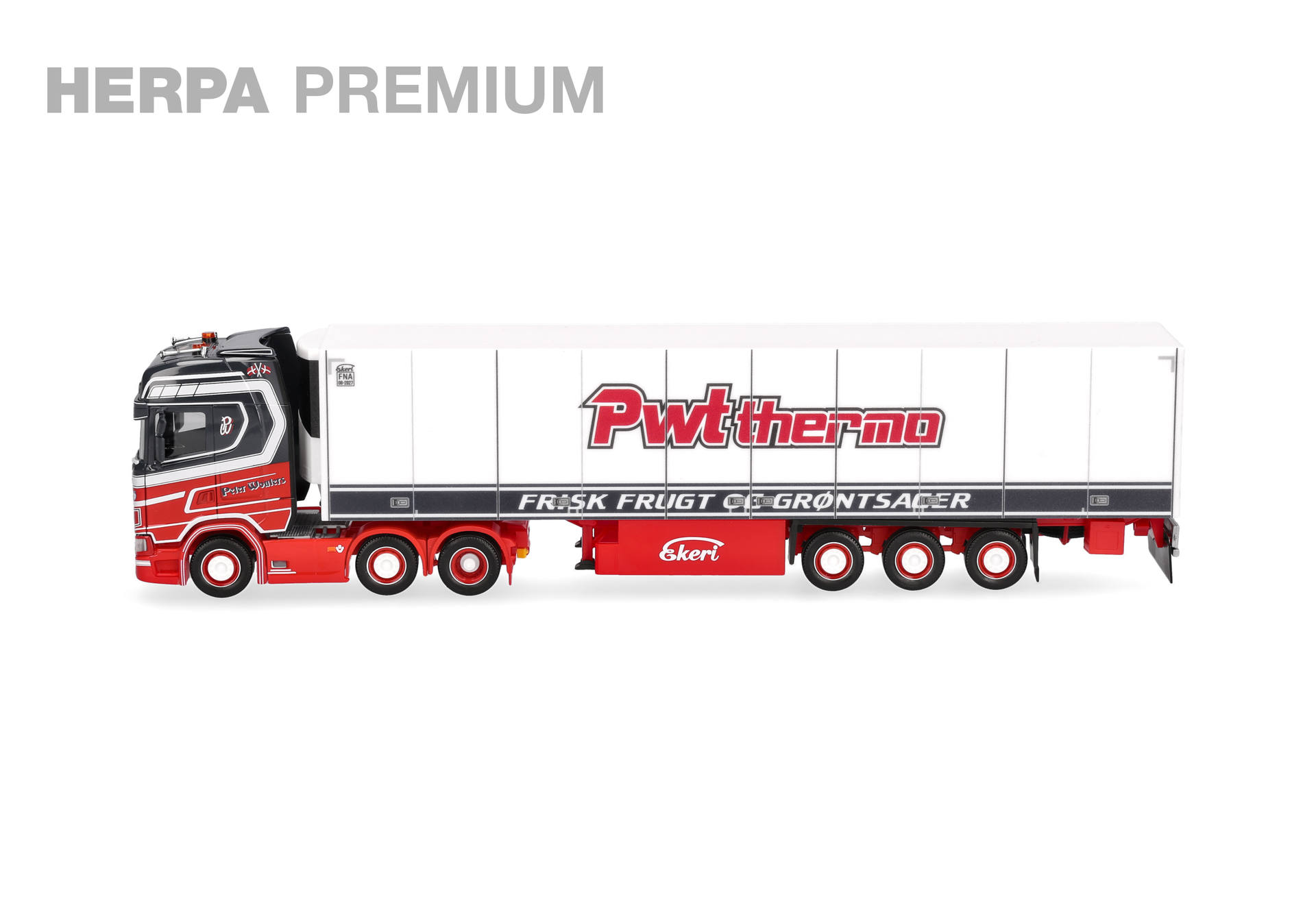 truck, semi-trailer, tractor unit, red, white trailer
