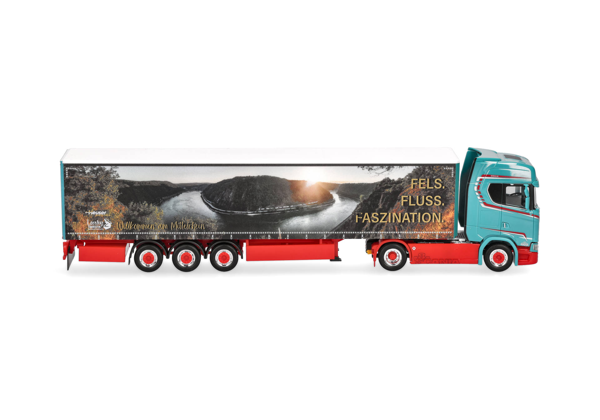 Scania CS 20 high roof curtain canvas semitrailer truck "Spedition Heuser / Faszination Loreley"