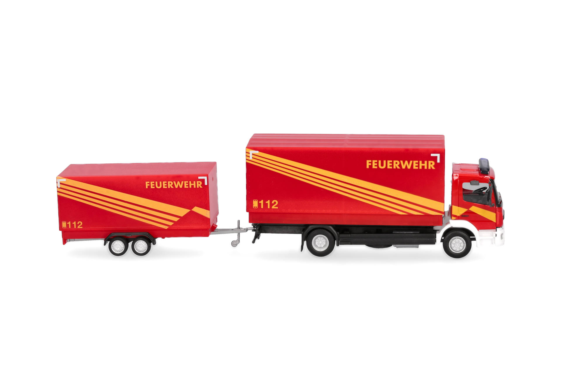 Feuerwehrfahrzeug, Laderanhänger, rotes Fahrzeug, Notrufnummer 112, Spielzeugmodell