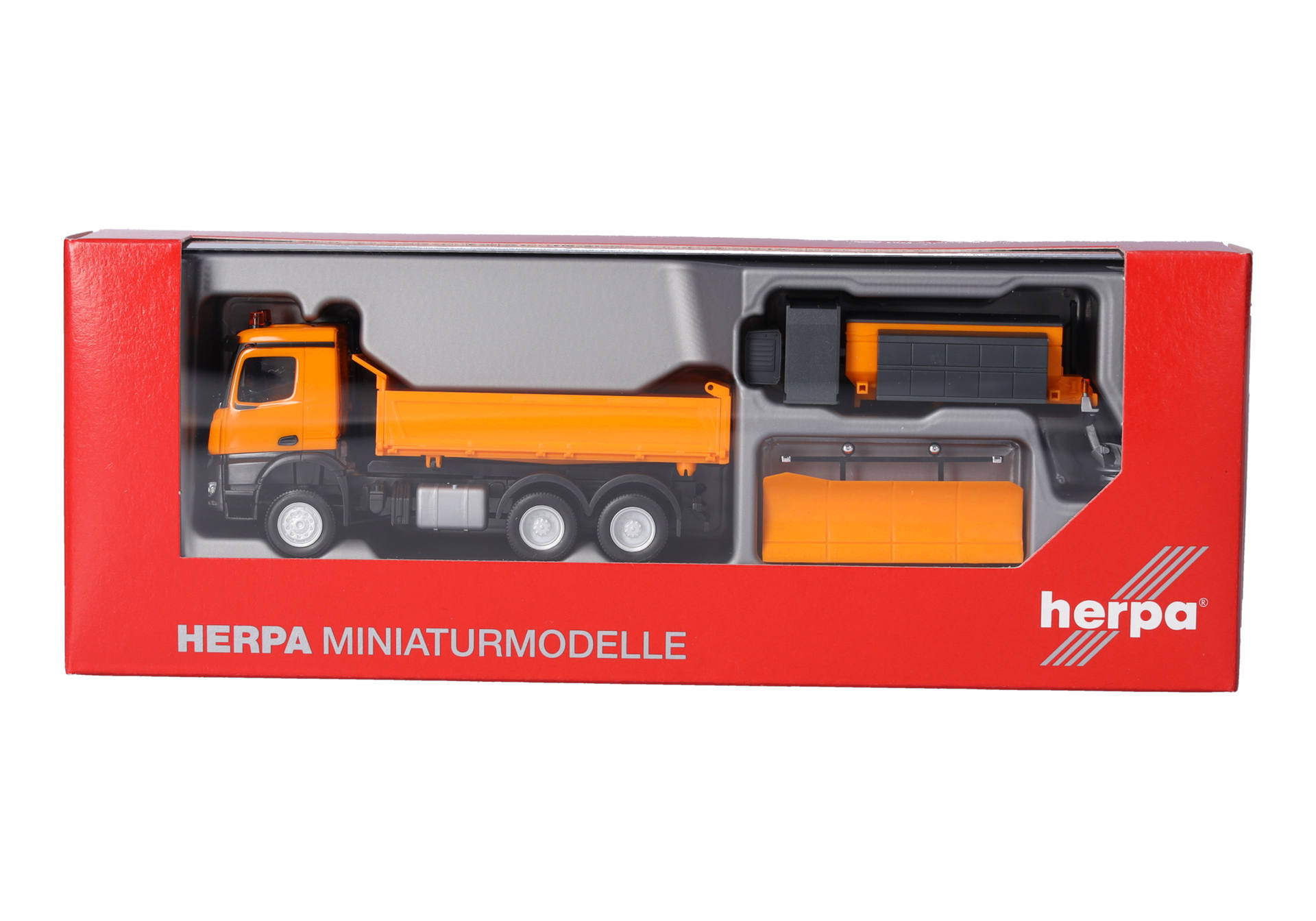 Mercedes-Benz Arocs 18 M Dreiseitenkipper-LKW 3achs mit Streuaufbau und Schneepflug, kommunalorange