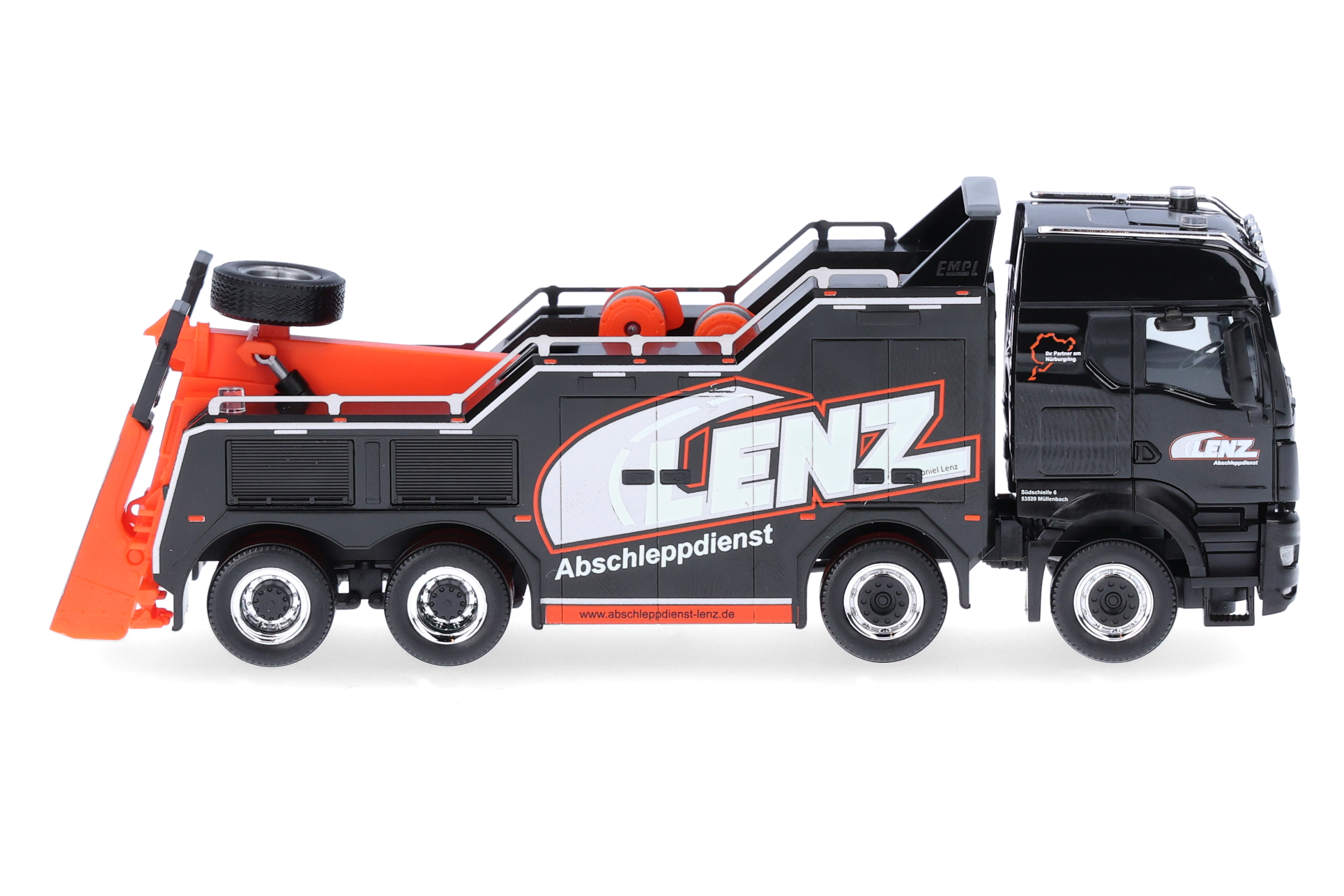tow truck, flatbed, toy truck, black orange, lorry