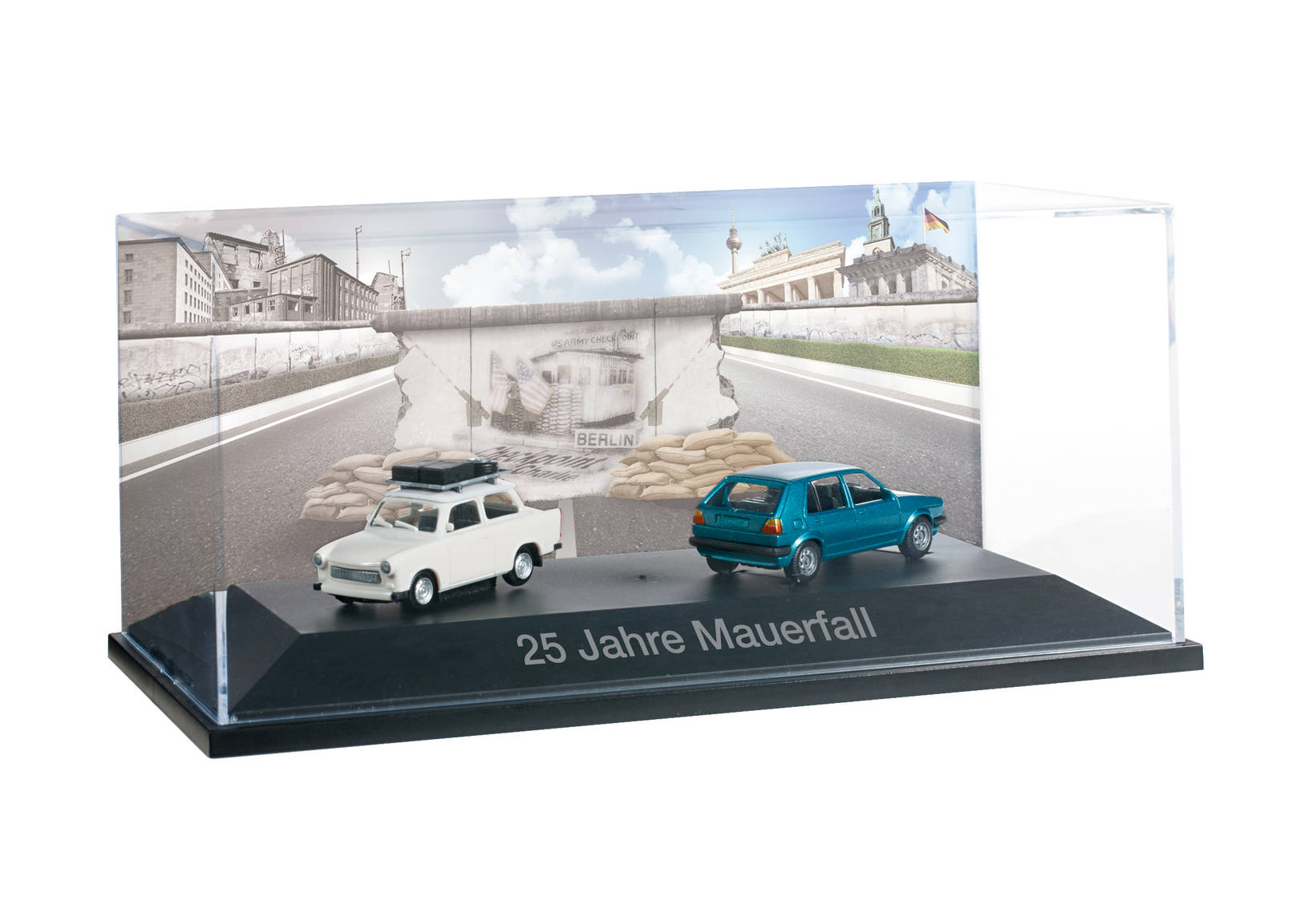 Set mit Trabant, cremeweiß mit Dachträger und VW Golf, blaumetallic "25 Jahre Mauerfall"