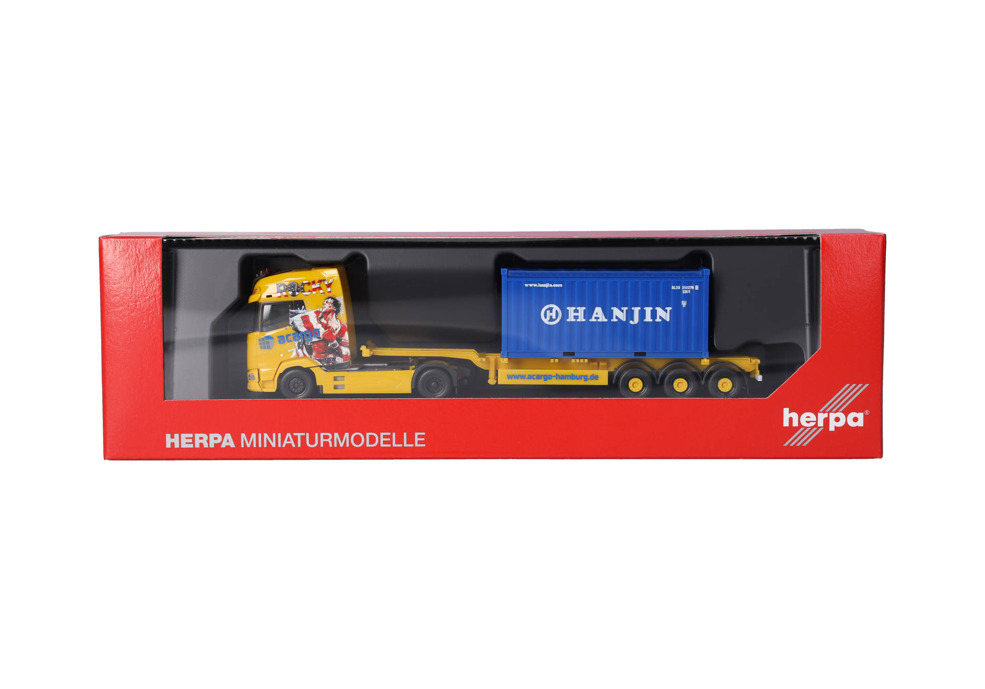 Diecast, Lkw, Anhänger, blauer Container, rote Verpackung