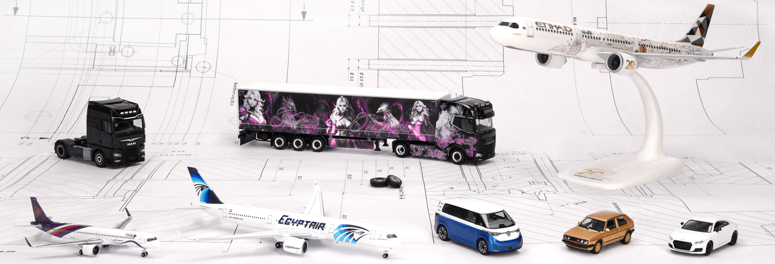 Selection from the Herpa October 2026 delivery, header image. planes, cars, a tractor, a truck and a van