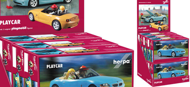 BMW Z4 Herpa Playcar THEKENDISPLAY - bestehend aus je 3 Stück 431026 (gelb) und 431033 (türkis)