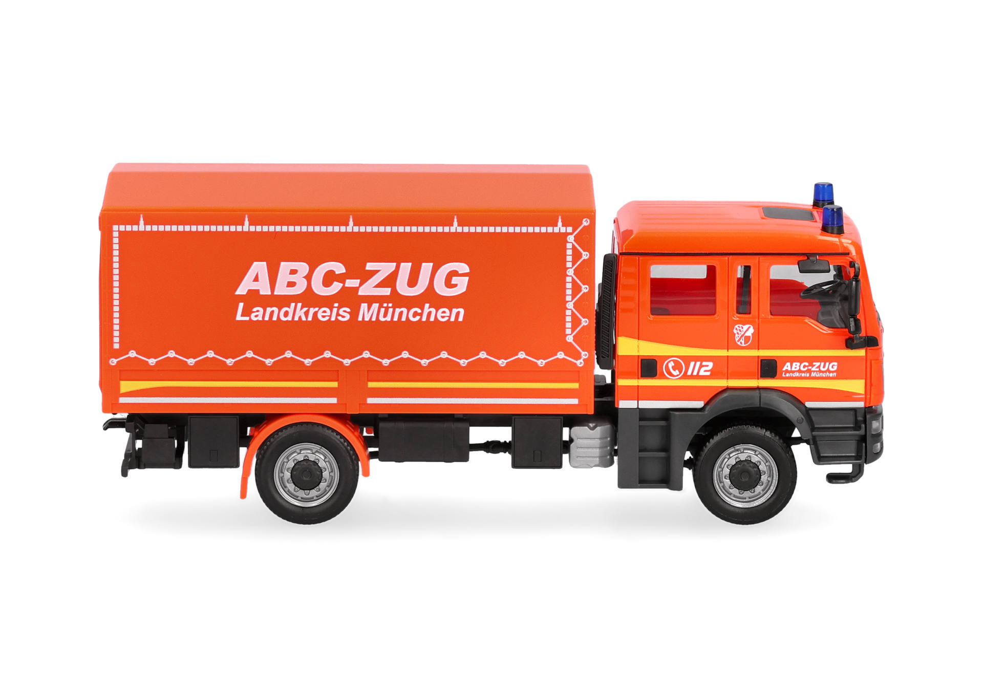 Feuerwehrwagen, Einsatzfahrzeug, oranger Lastwagen, Spielzeug, Lastwagenanhänger