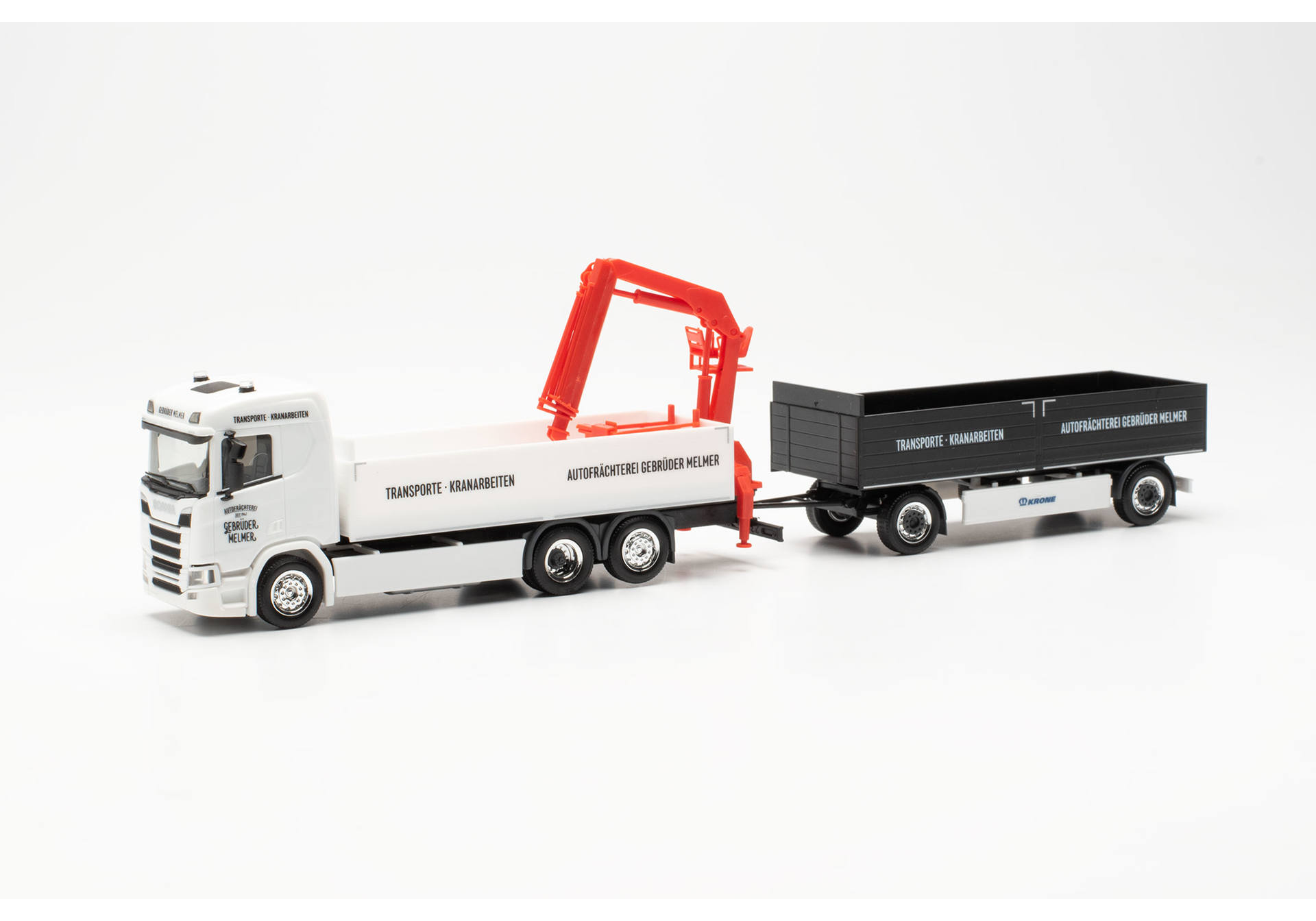 Scania CR 20 ND flat bed trailer truck with loadingcrane „Gebrüder Melmer“ (Austria/Imst)