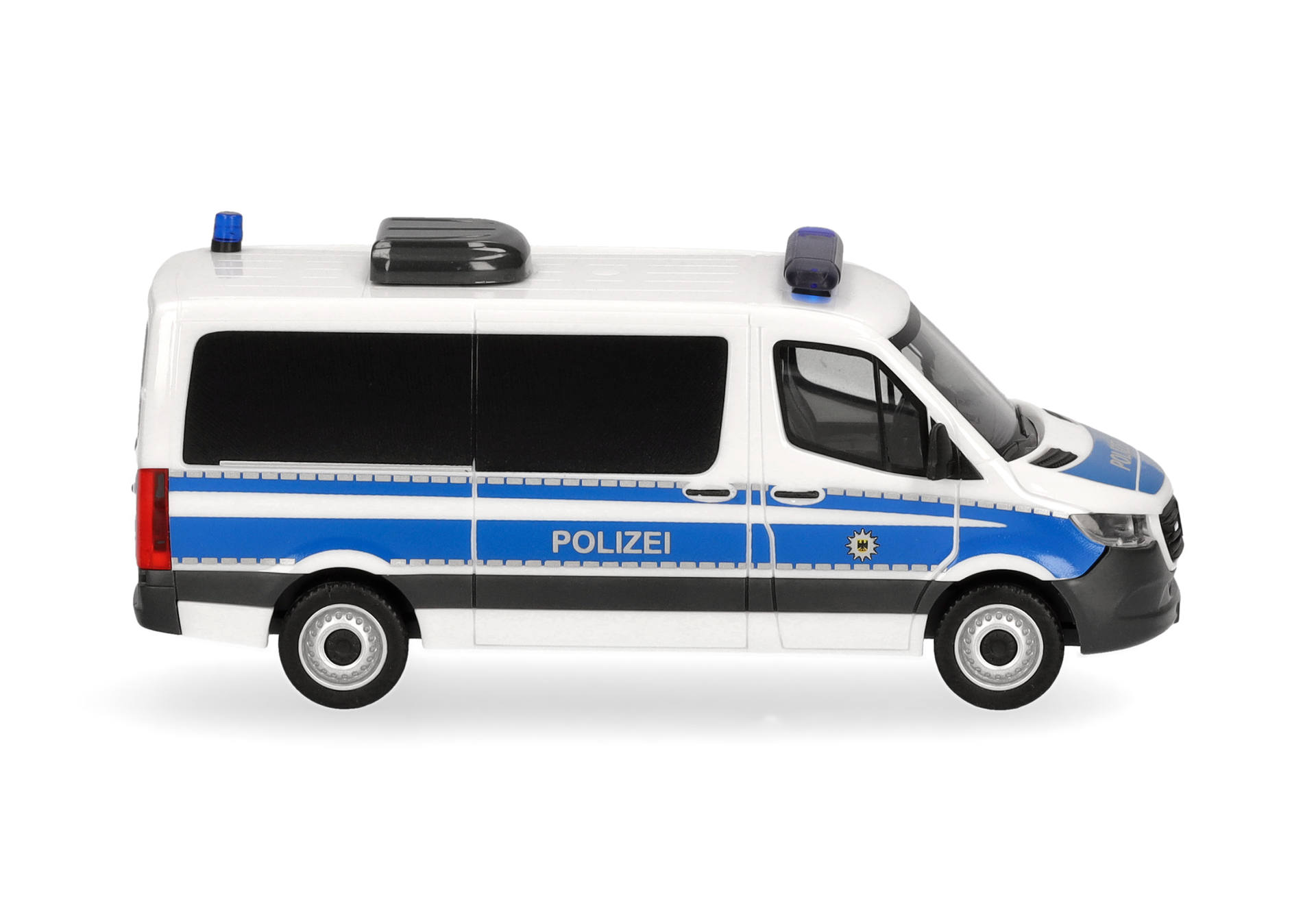 Polizei-Van, Einsatzfahrzeug, blaue Streifen, Blaulicht, schwarze Fenster
