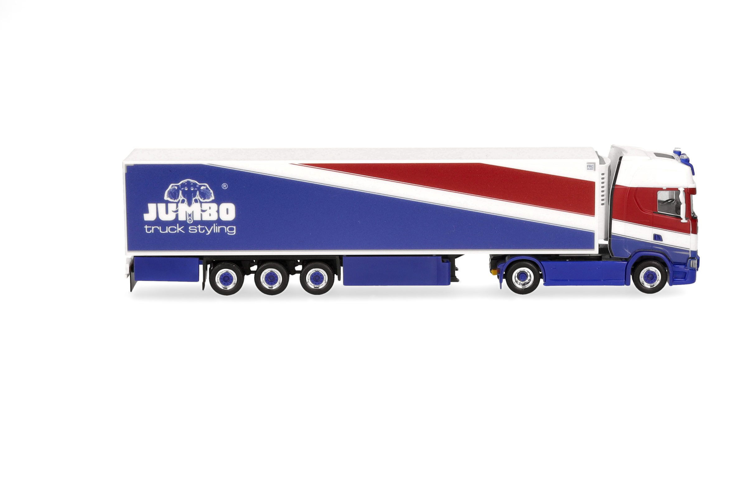 toy truck, semi trailer, cargo truck, blue white red, model vehicle