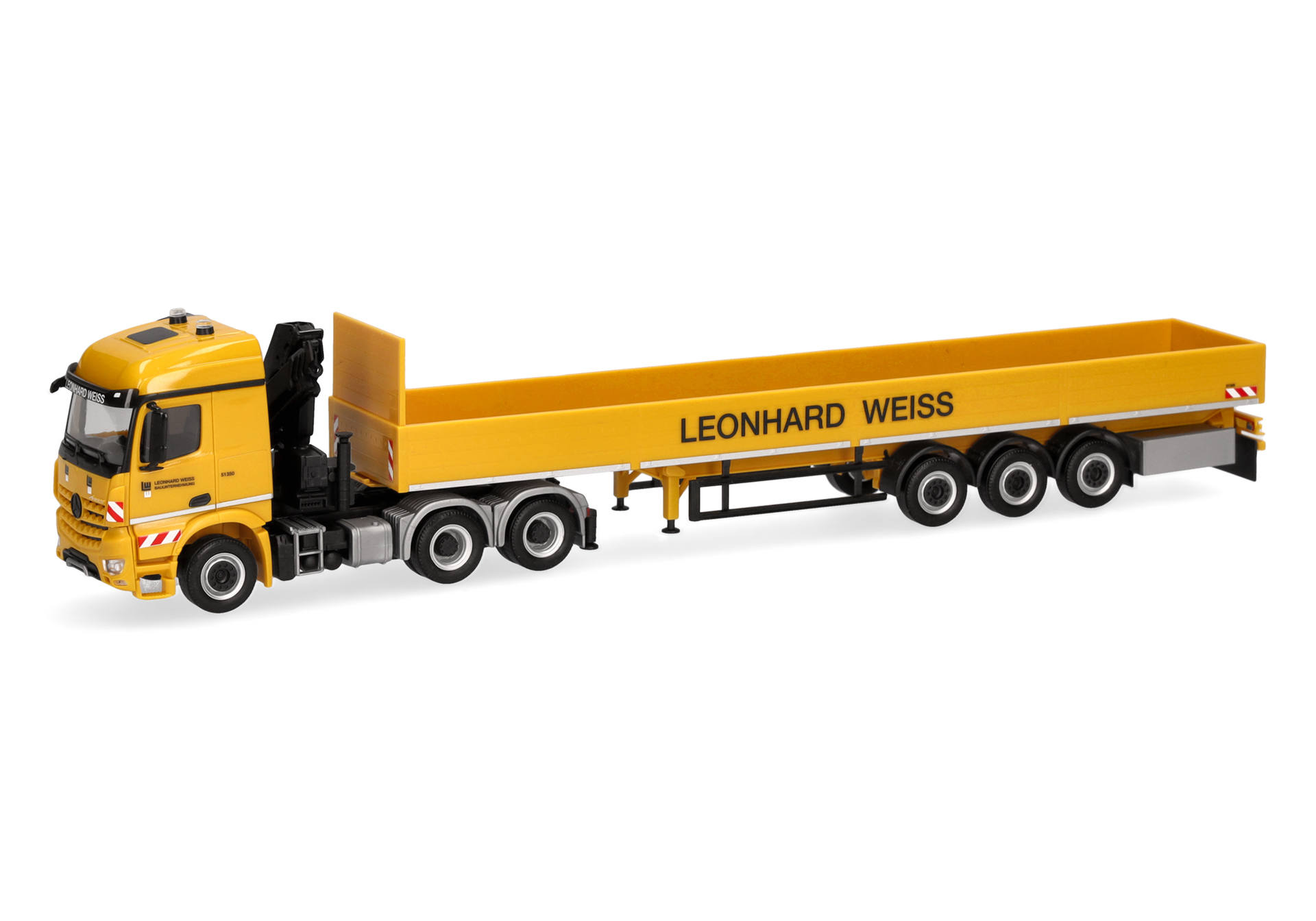 Mercedes Benz Arocs Streamspace (with crane) platform semitrailer truck "Leonhard Weiss"